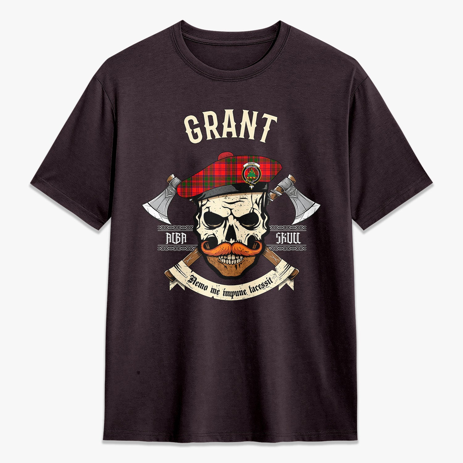 Grant Modern Tartan Crest 2D T-shirt - Alba Skull Style