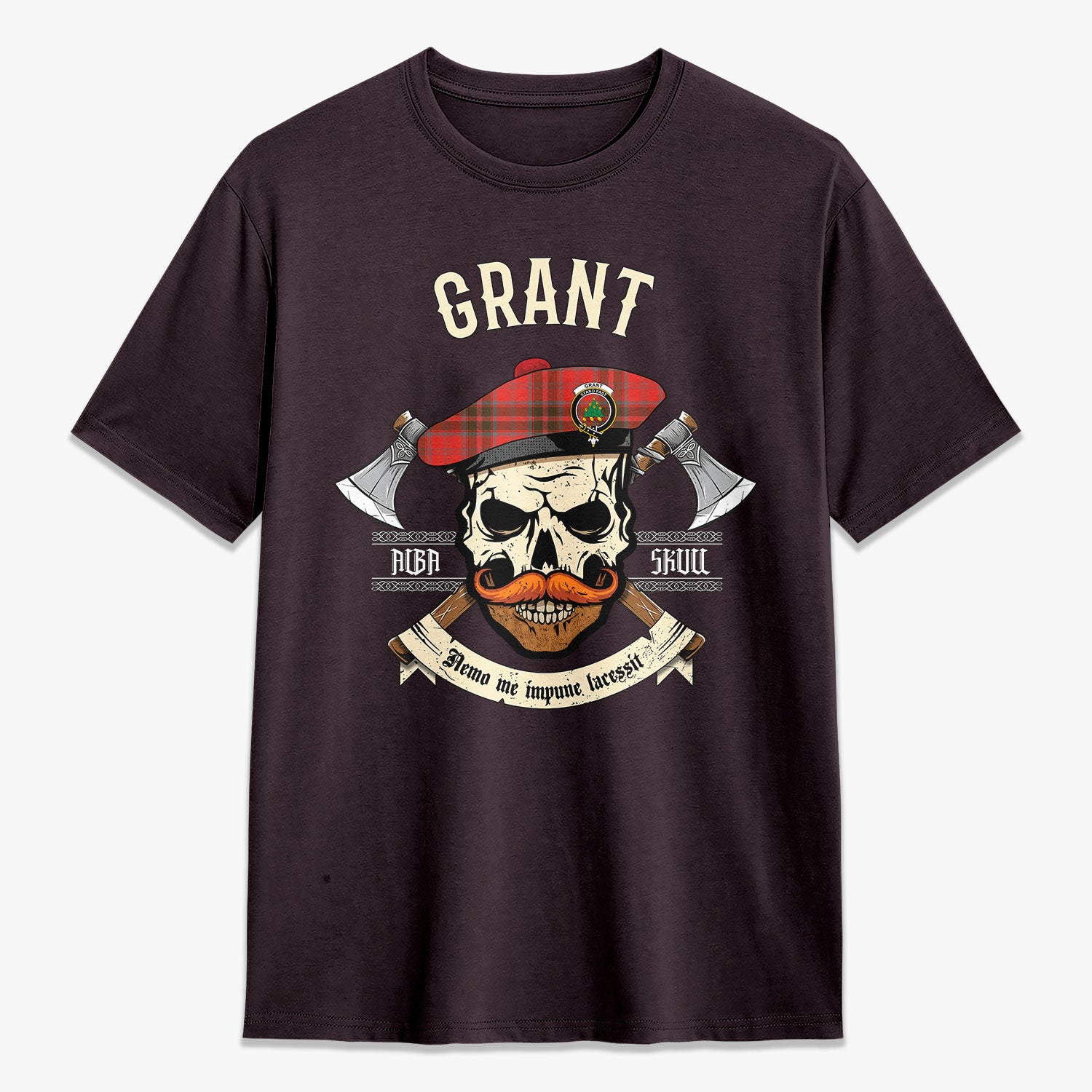 Grant Weathered  Tartan Crest 2D T-shirt - Alba Skull Style