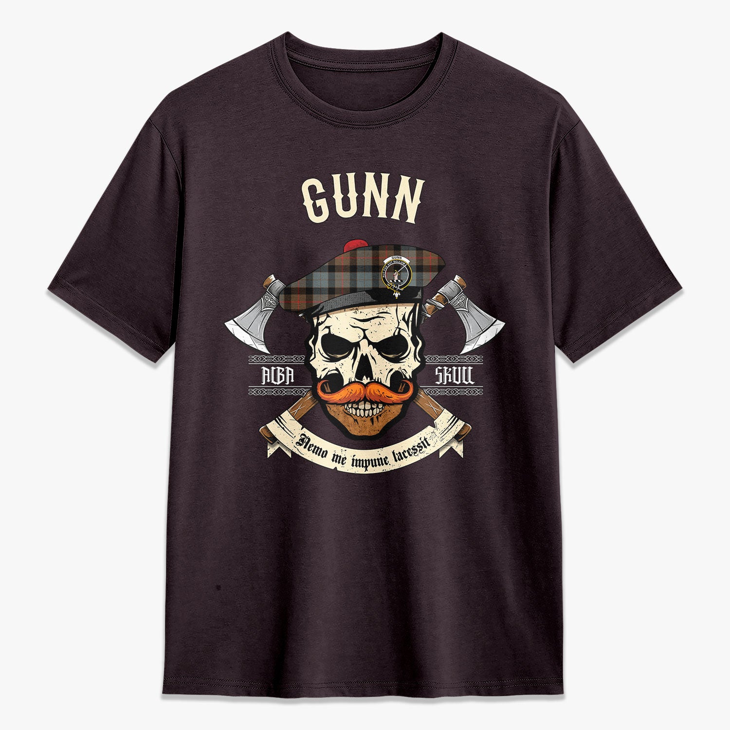 Gunn Weathered Tartan Crest 2D T-shirt - Alba Skull Style