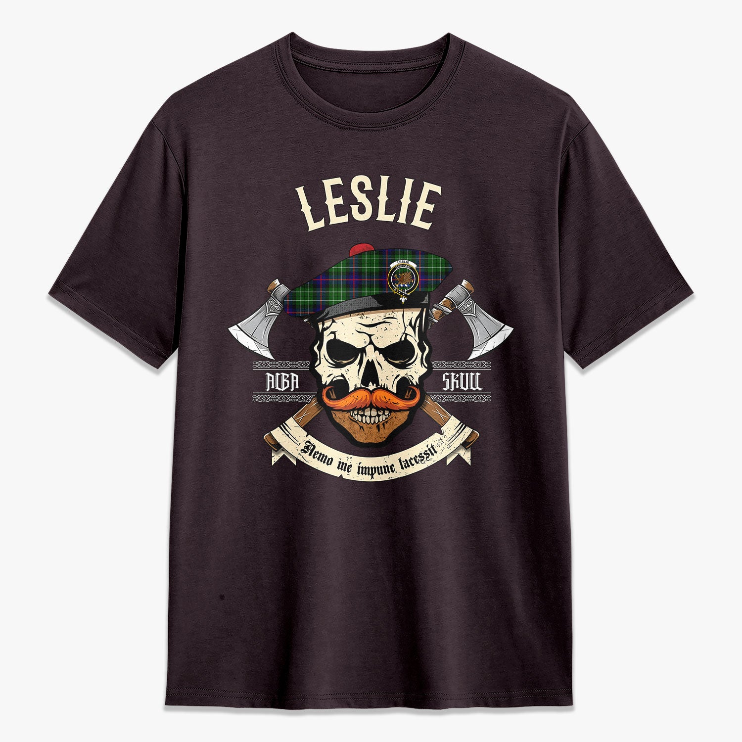 Leslie Hunting Tartan Crest 2D T-shirt - Alba Skull Style