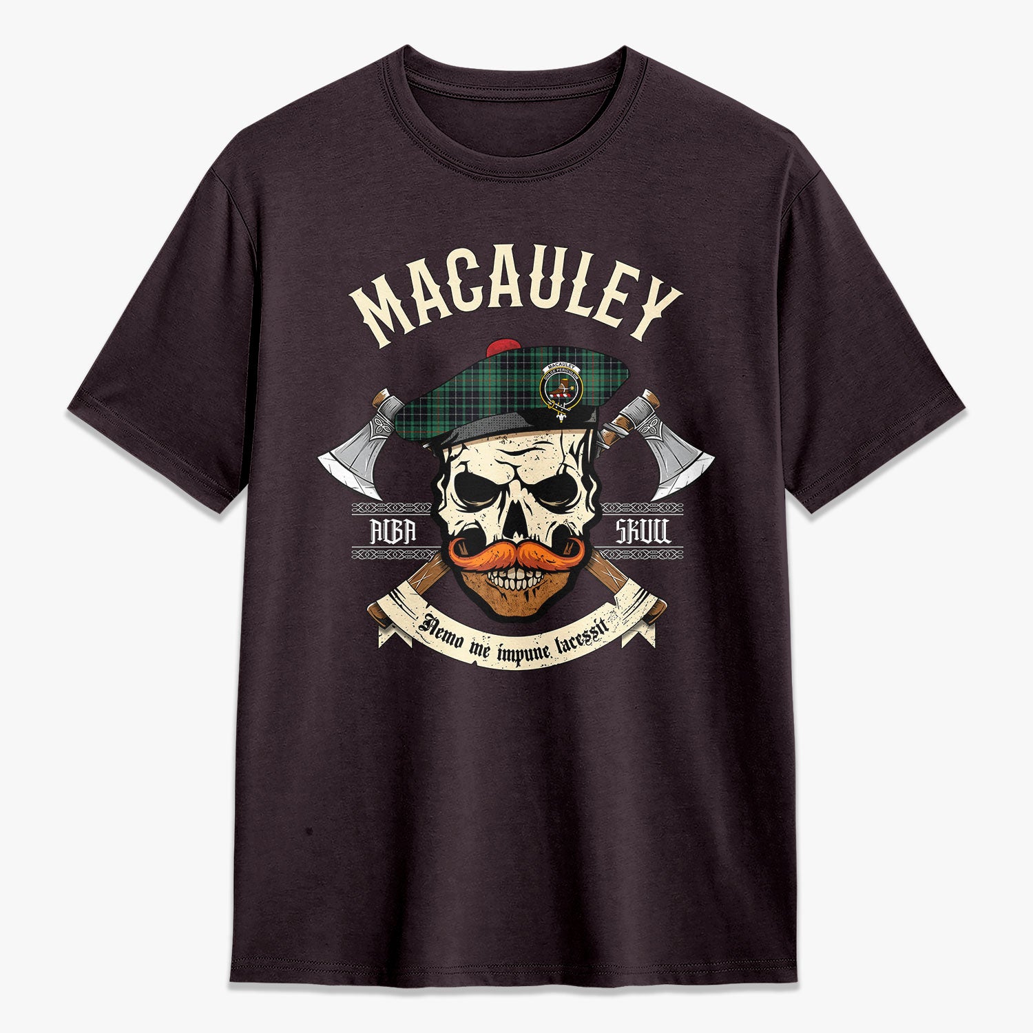 MacAuley Hunting Ancient Tartan Crest 2D T-shirt - Alba Skull Style