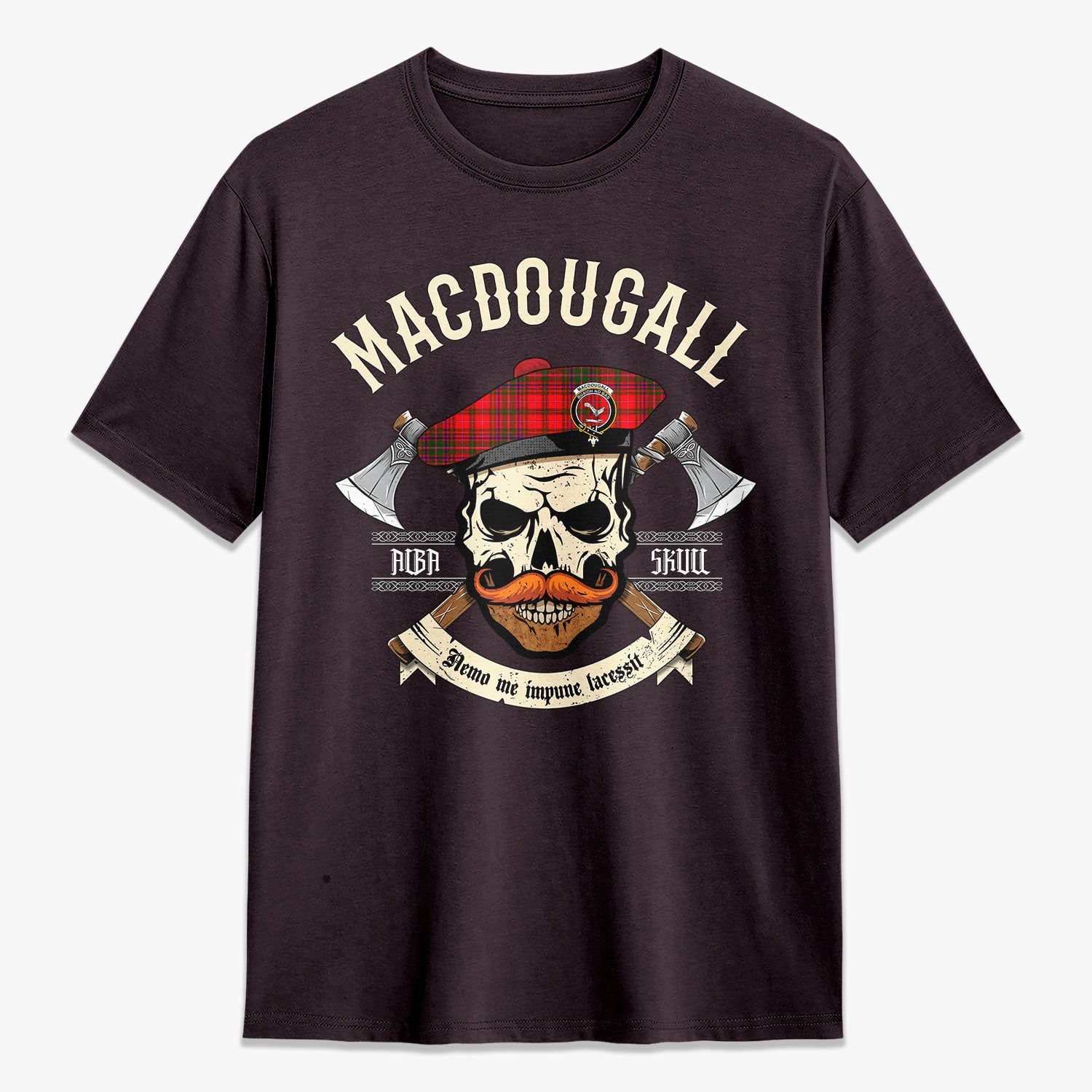 MacDougall Modern Tartan Crest 2D T-shirt - Alba Skull Style