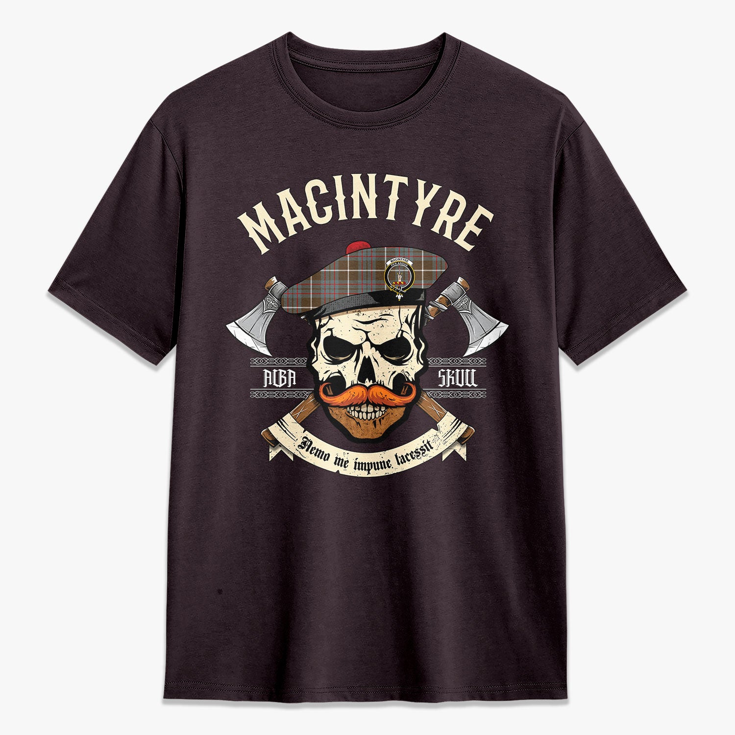 MacIntyre Hunting Weathered Tartan Crest 2D T-shirt - Alba Skull Style