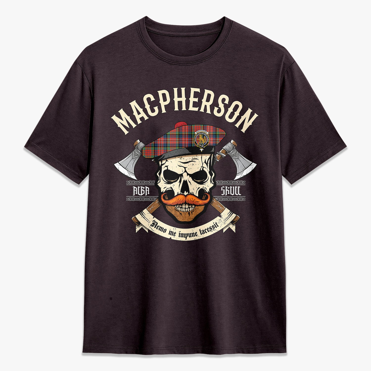 MacPherson Ancient Tartan Crest 2D T-shirt - Alba Skull Style