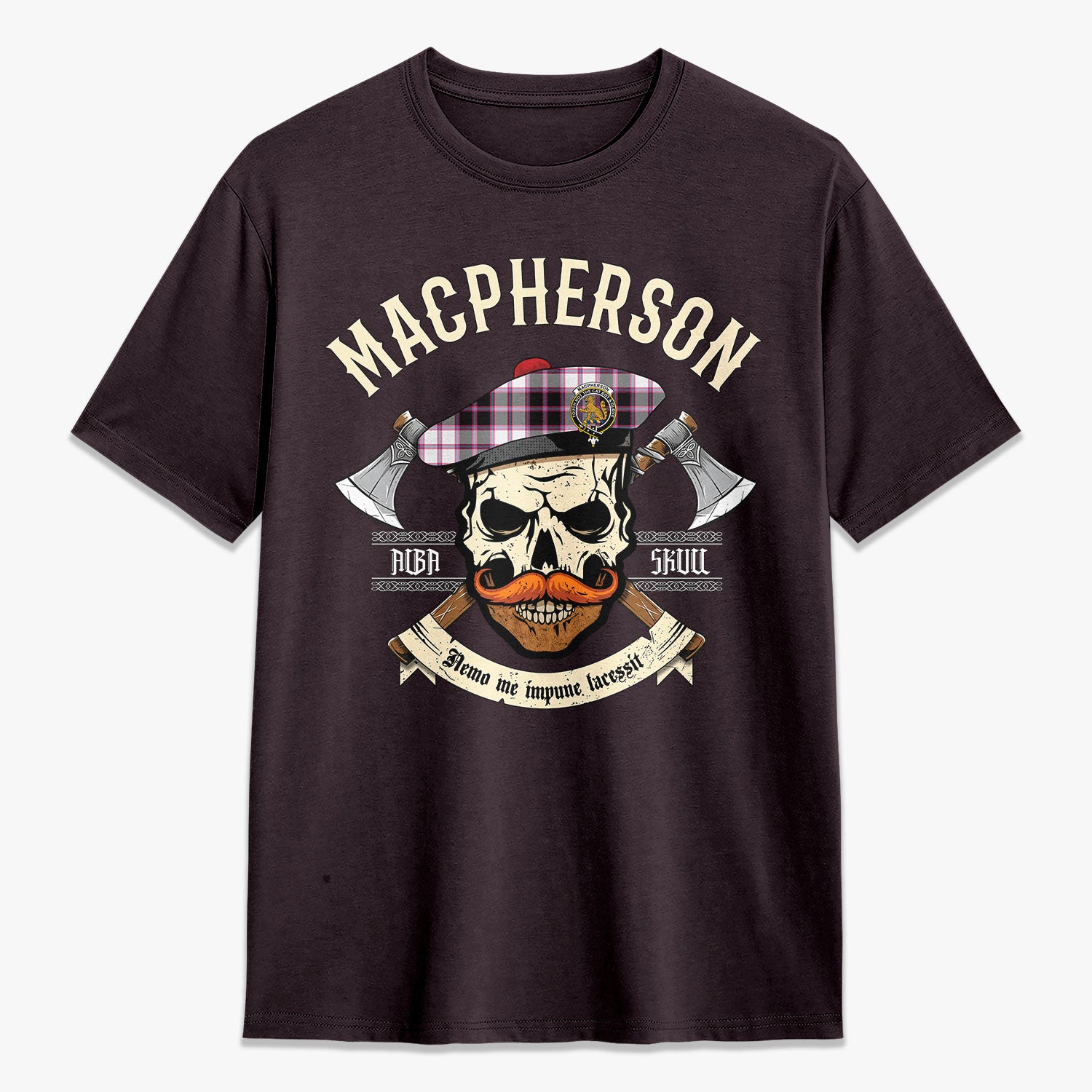 MacPherson Hunting Modern Tartan Crest 2D T-shirt - Alba Skull Style