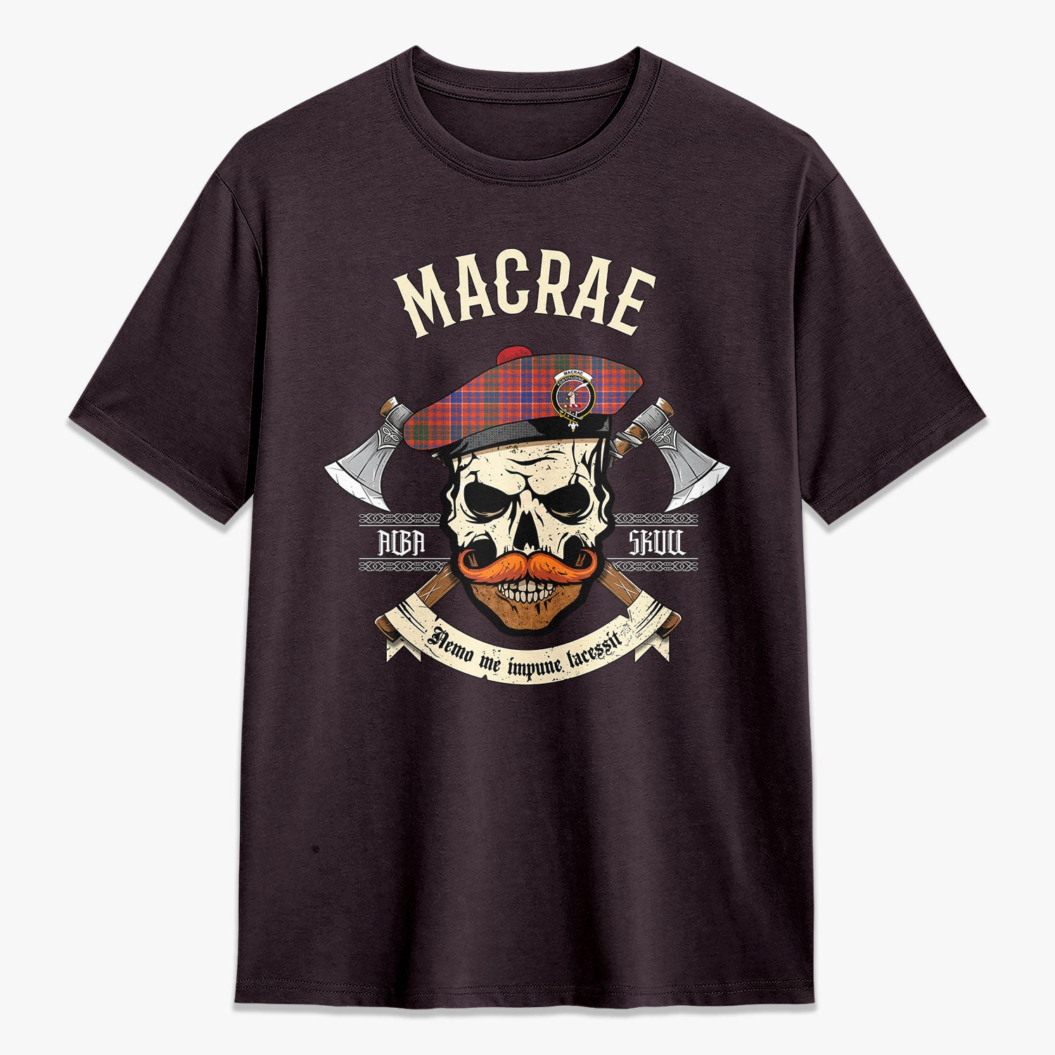 MacRae Ancient Tartan Crest 2D T-shirt - Alba Skull Style