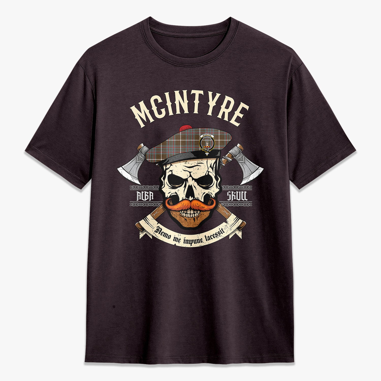 McIntyre Hunting Weathered Tartan Crest 2D T-shirt - Alba Skull Style