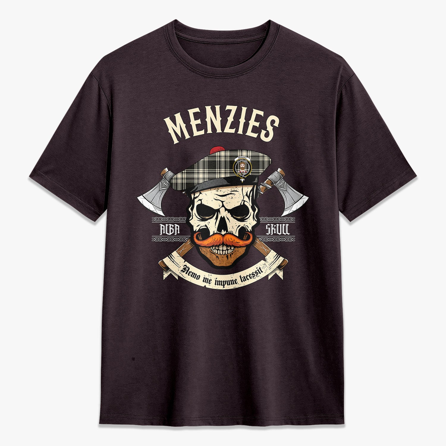 Menzies Black - White Ancient Tartan Crest 2D T-shirt - Alba Skull Style