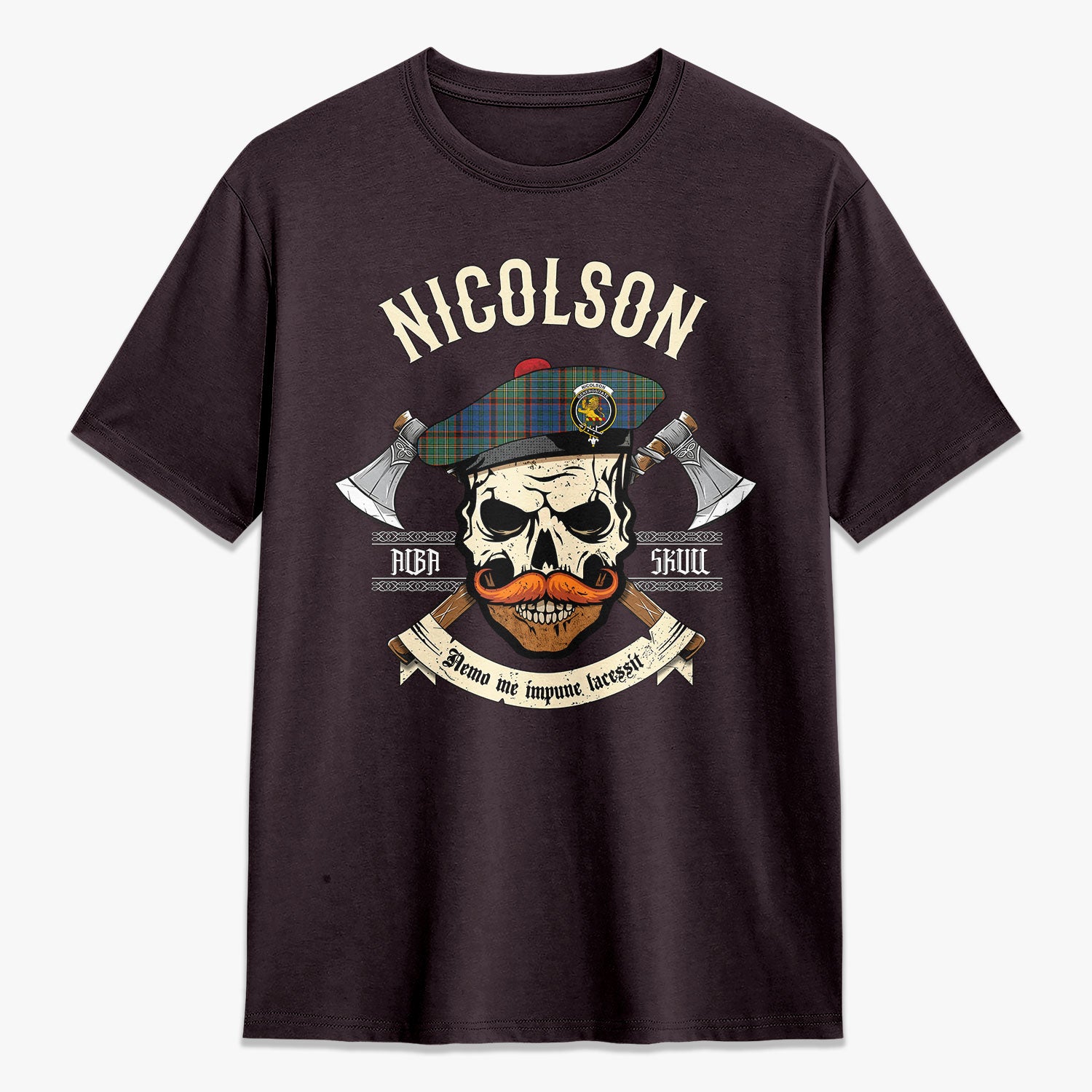 Nicolson Hunting Ancient Tartan Crest 2D T-shirt - Alba Skull Style