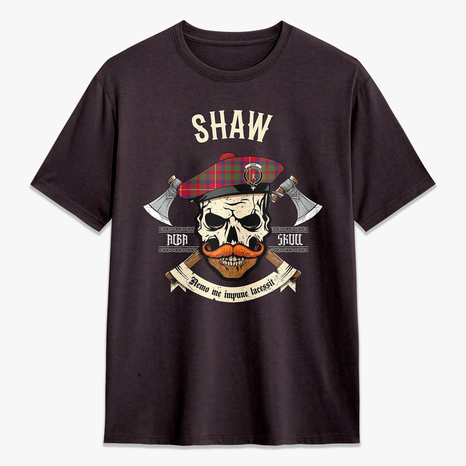 Shaw Red Modern Tartan Crest 2D T-shirt - Alba Skull Style