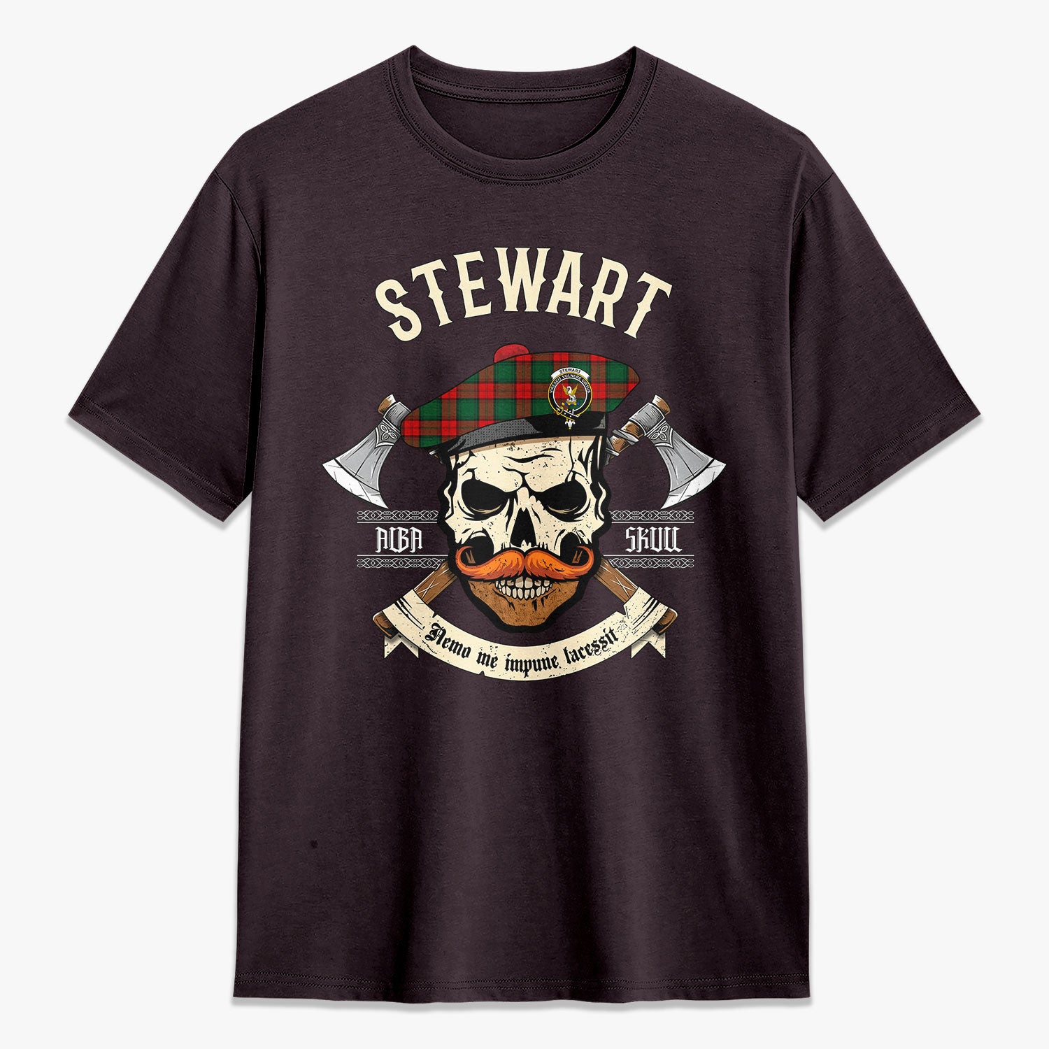 Stewart Atholl Modern Tartan Crest 2D T-shirt - Alba Skull Style