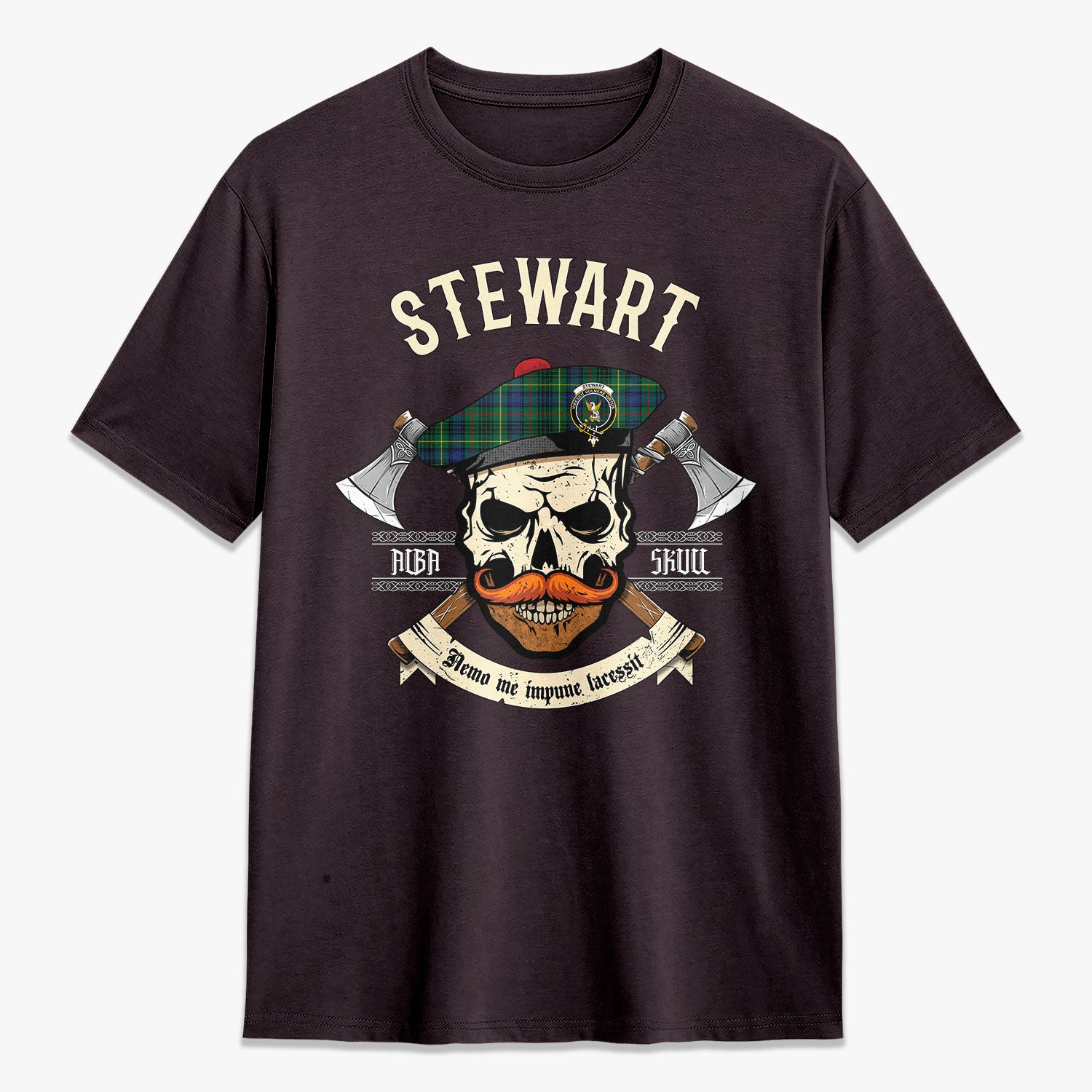 Stewart Hunting Modern Tartan Crest 2D T-shirt - Alba Skull Style