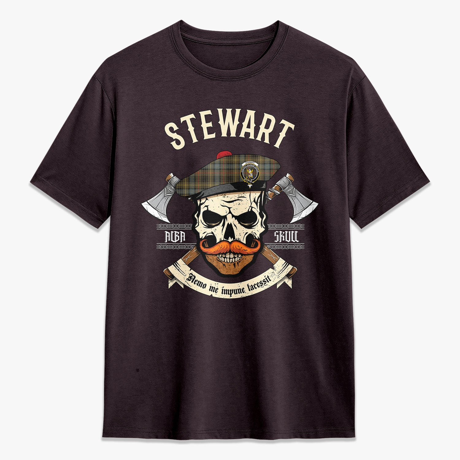 Stewart Hunting Weathered Tartan Crest 2D T-shirt - Alba Skull Style