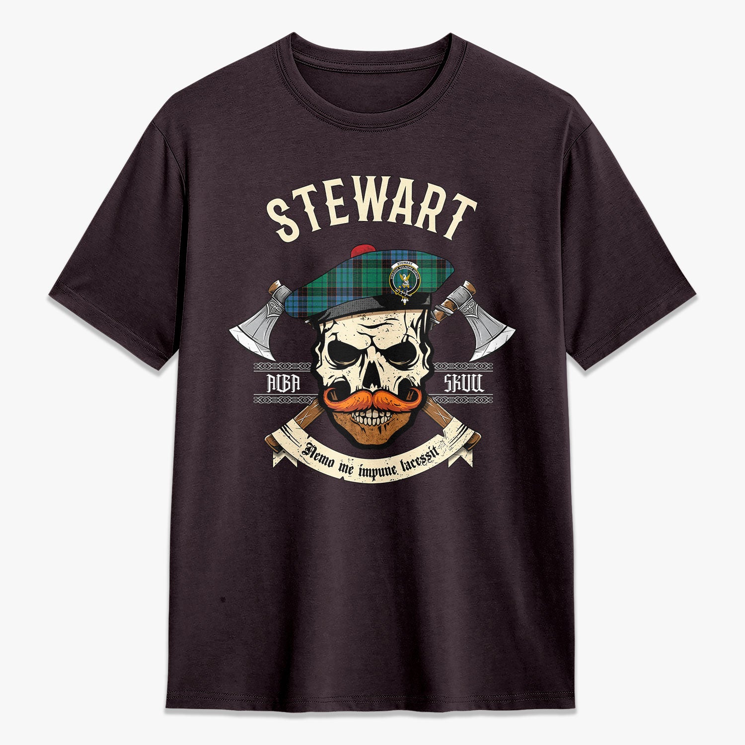 Stewart Old Ancient Tartan Crest 2D T-shirt - Alba Skull Style