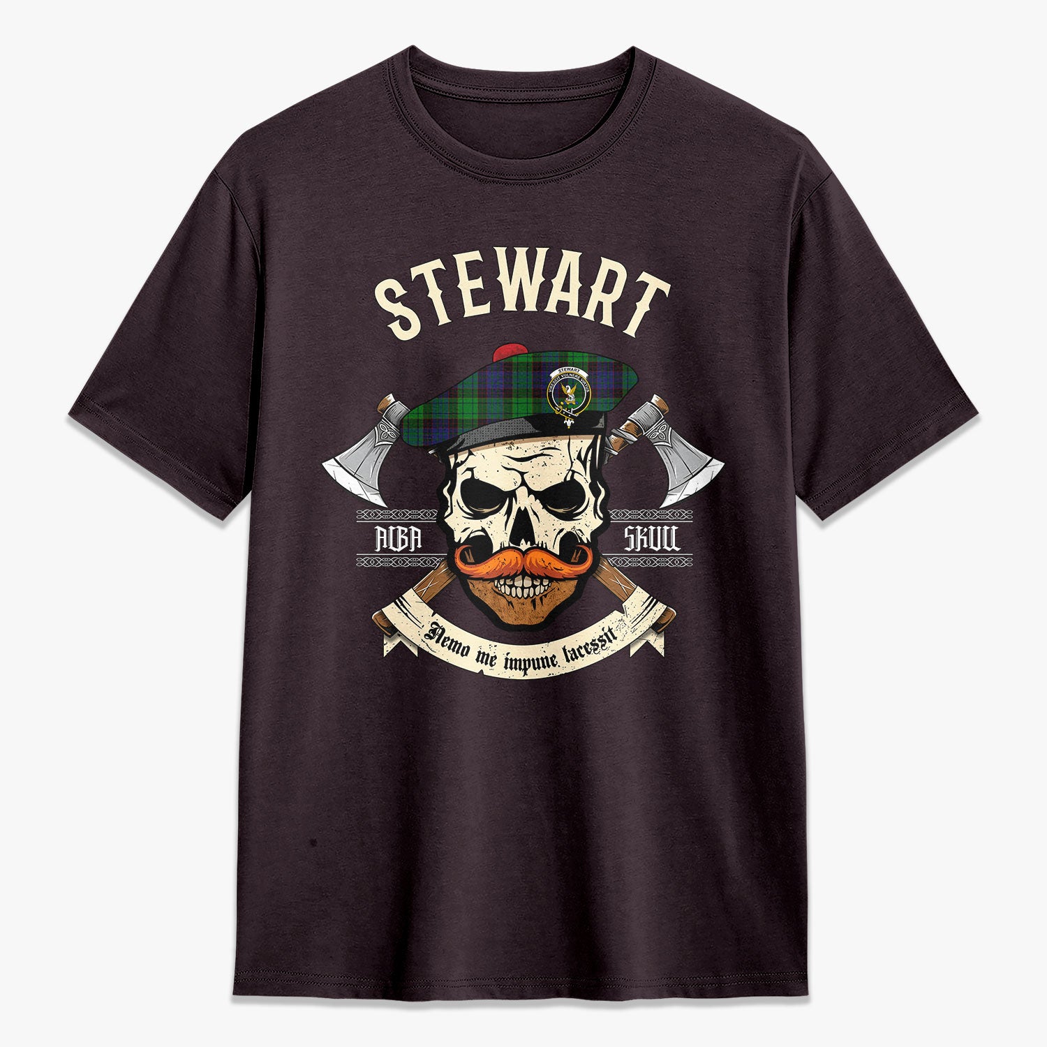 Stewart Old Modern Tartan Crest 2D T-shirt - Alba Skull Style