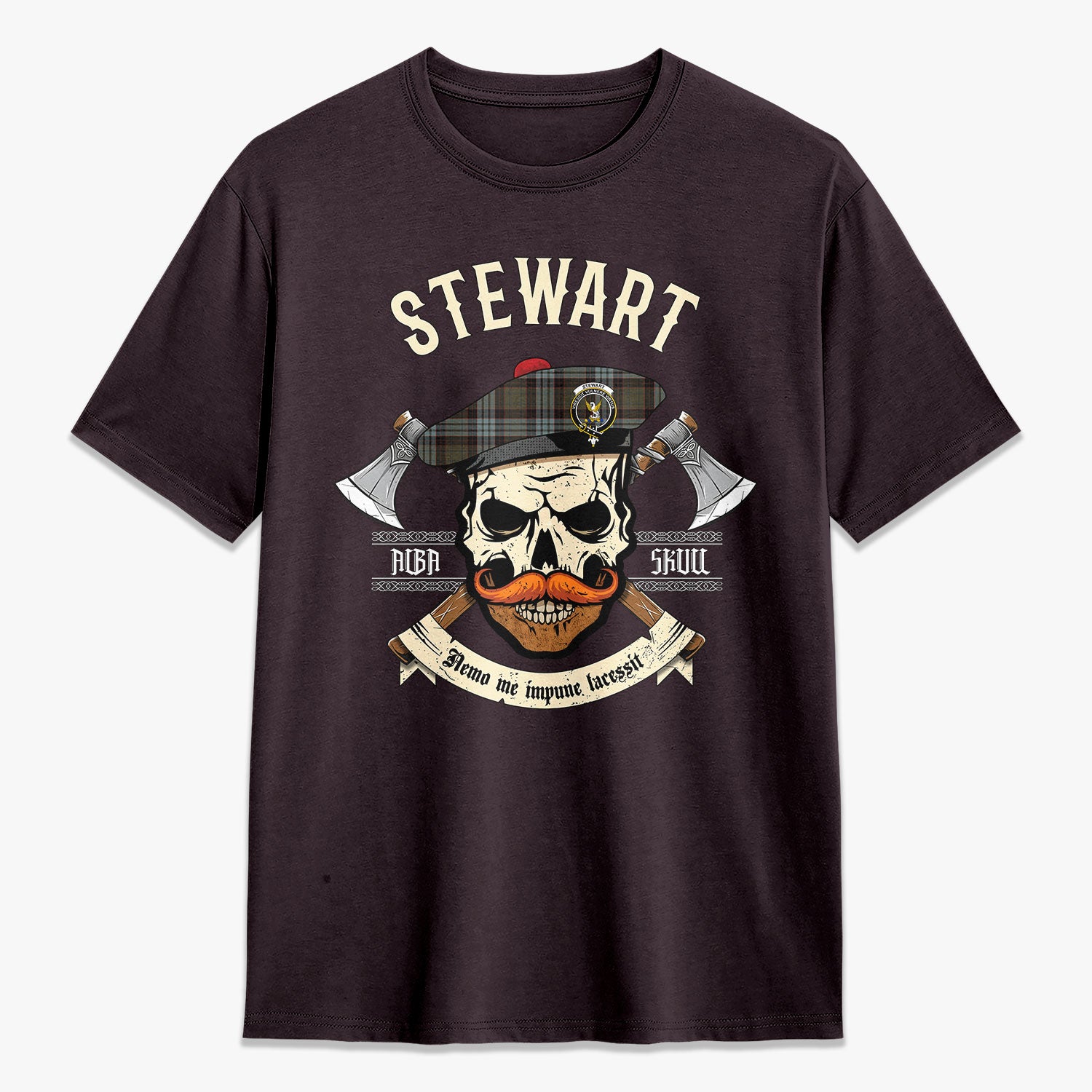 Stewart Old Weathered Tartan Crest 2D T-shirt - Alba Skull Style