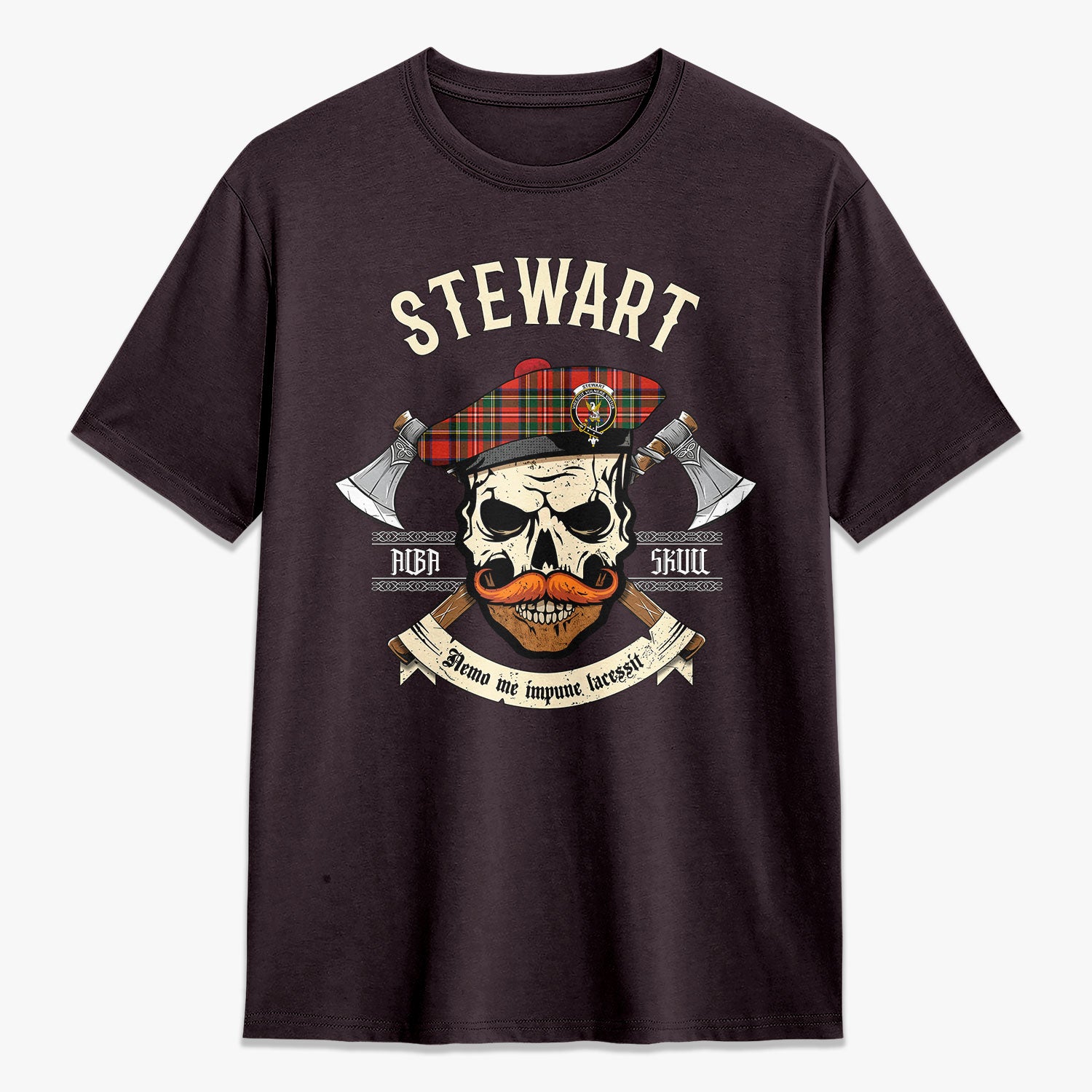 Stewart Royal Modern Tartan Crest 2D T-shirt - Alba Skull Style