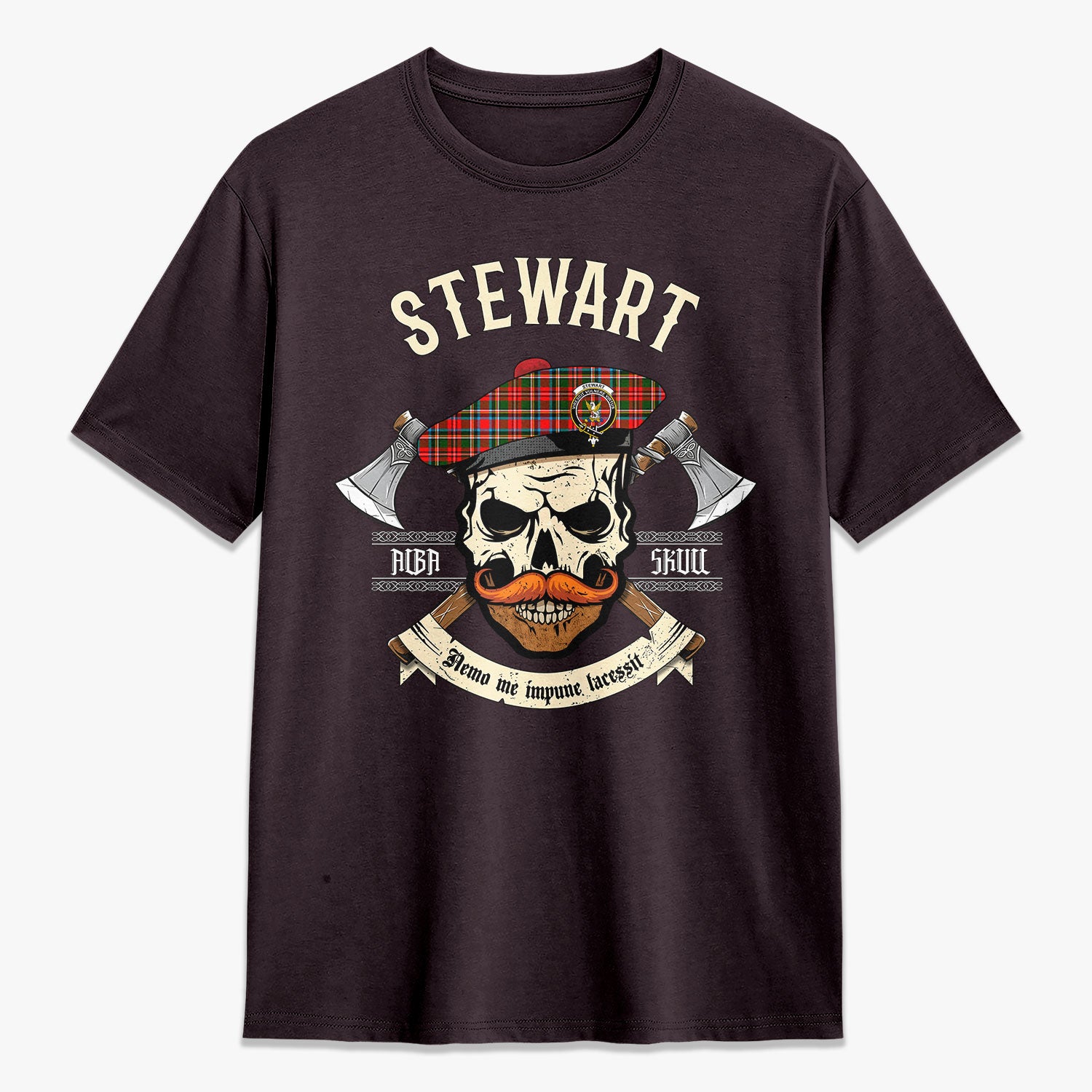 Stewart Royal Tartan Crest 2D T-shirt - Alba Skull Style