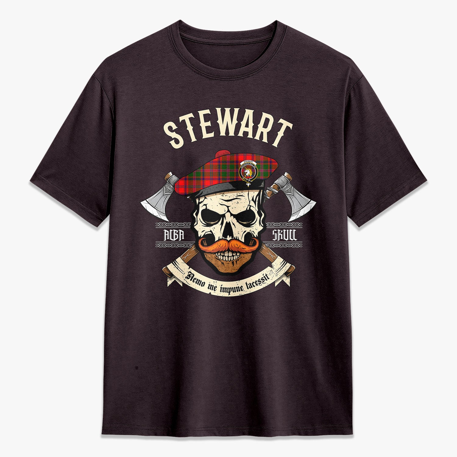 Stewart of Appin Modern Tartan Crest 2D T-shirt - Alba Skull Style