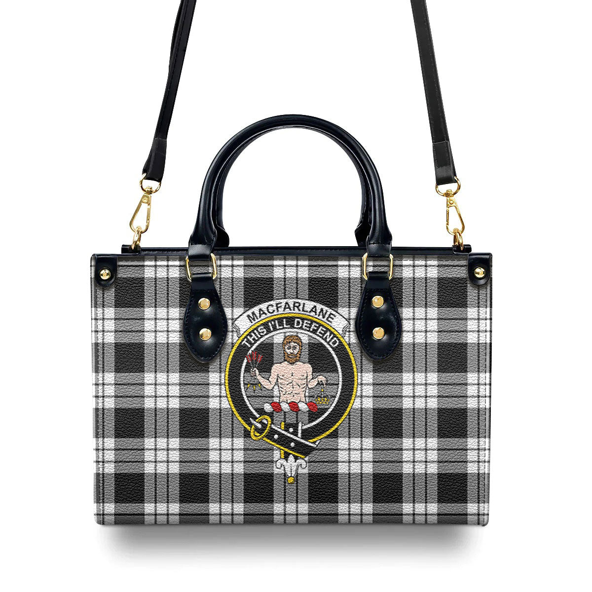 MacFarlane Black _ White Tartan Crest Leather Handbag