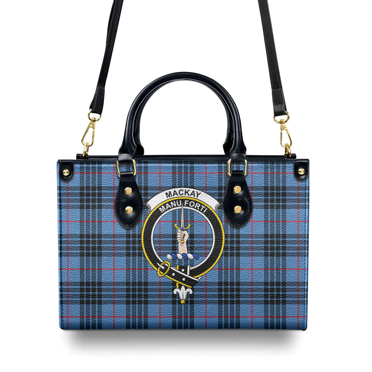 MacKay Blue Tartan Crest Leather Handbag