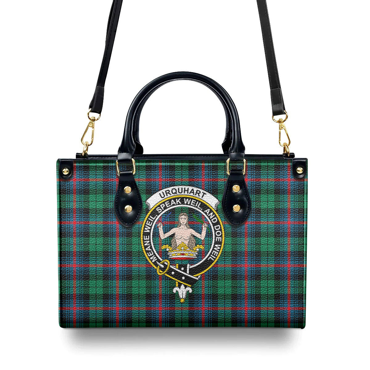 Urquhart Broad Red Ancient Tartan Crest Leather Handbag