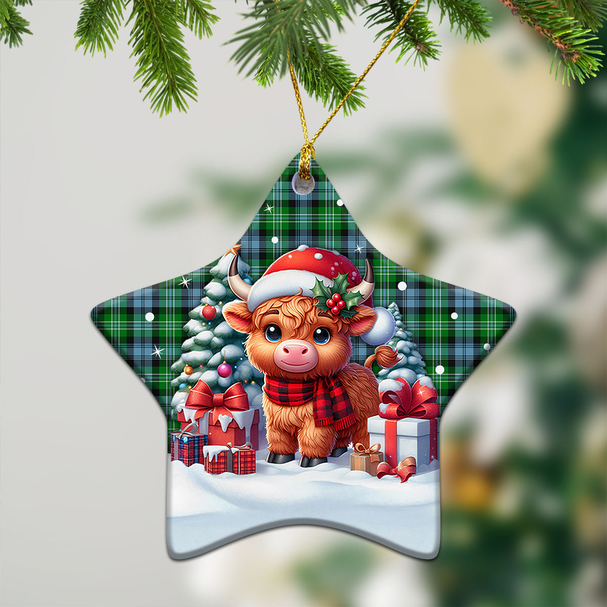 Arbuthnot Ancient Tartan Christmas Ceramic Ornament - Highland Cow Winter Style