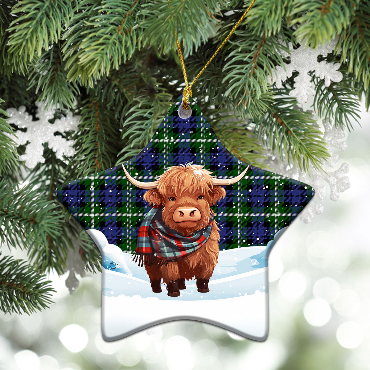 Baillie Modern Tartan Christmas Ceramic Ornament - Highland Cows Snow Style