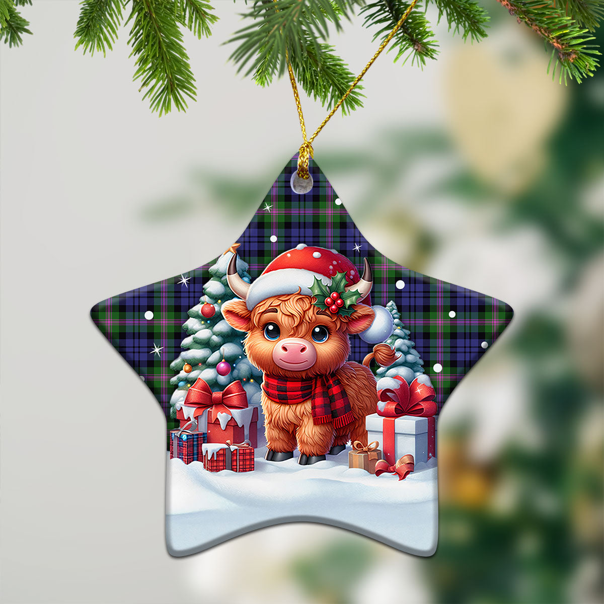 Baird Modern Tartan Christmas Ceramic Ornament - Highland Cow Winter Style