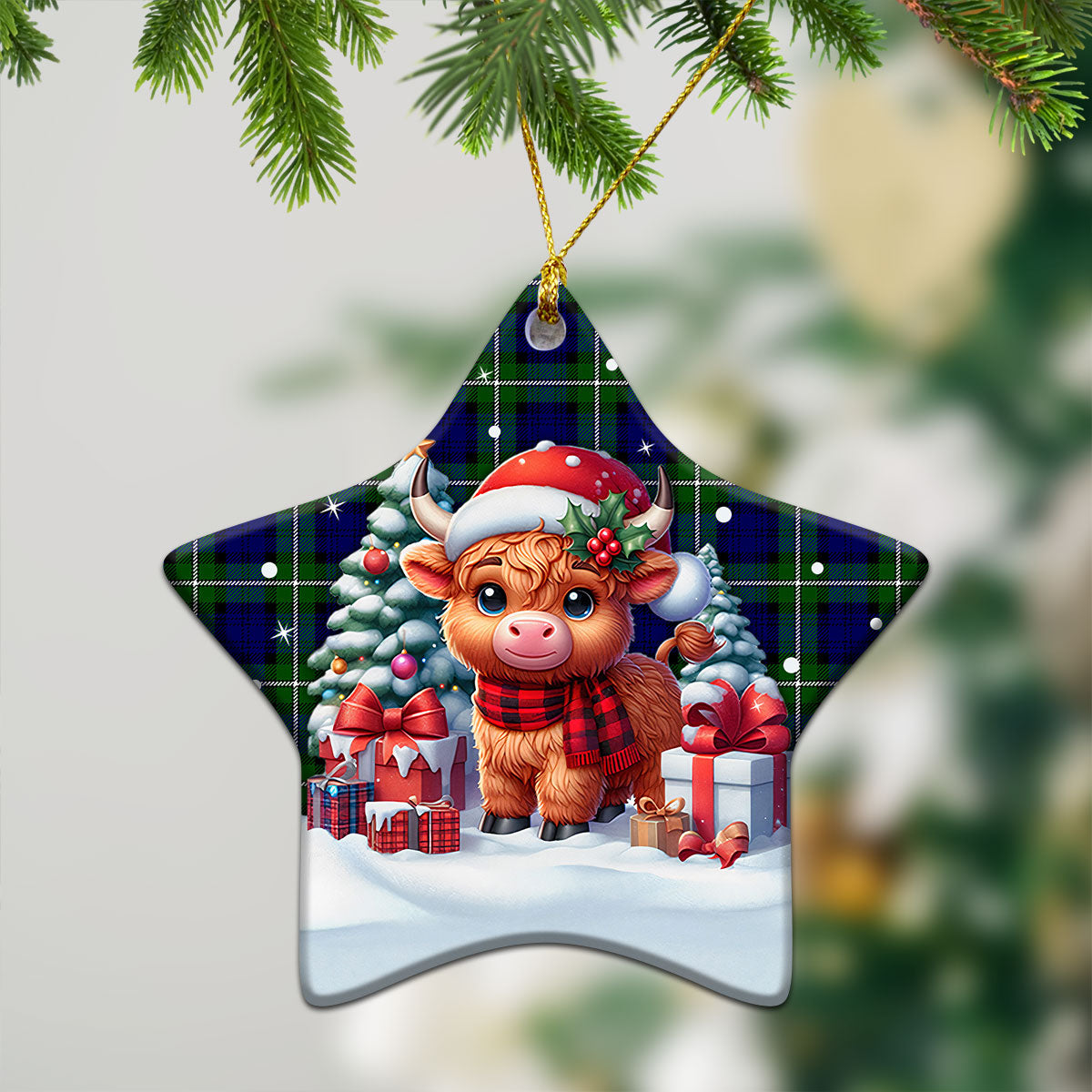 Bannerman Tartan Christmas Ceramic Ornament - Highland Cow Winter Style