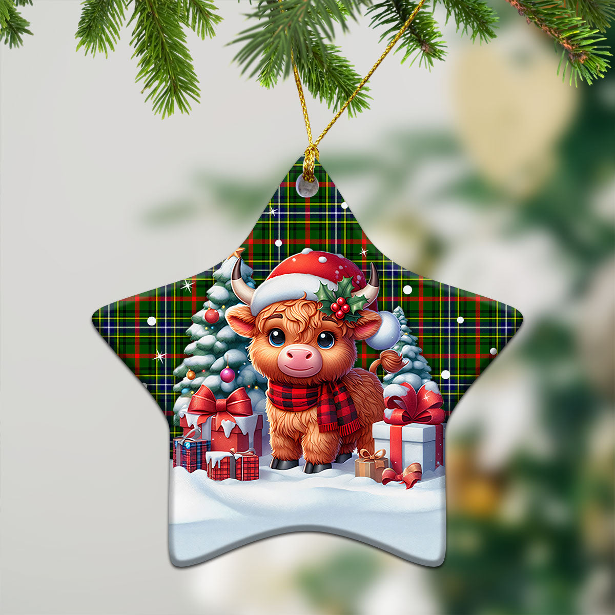 Bisset Tartan Christmas Ceramic Ornament - Highland Cow Winter Style