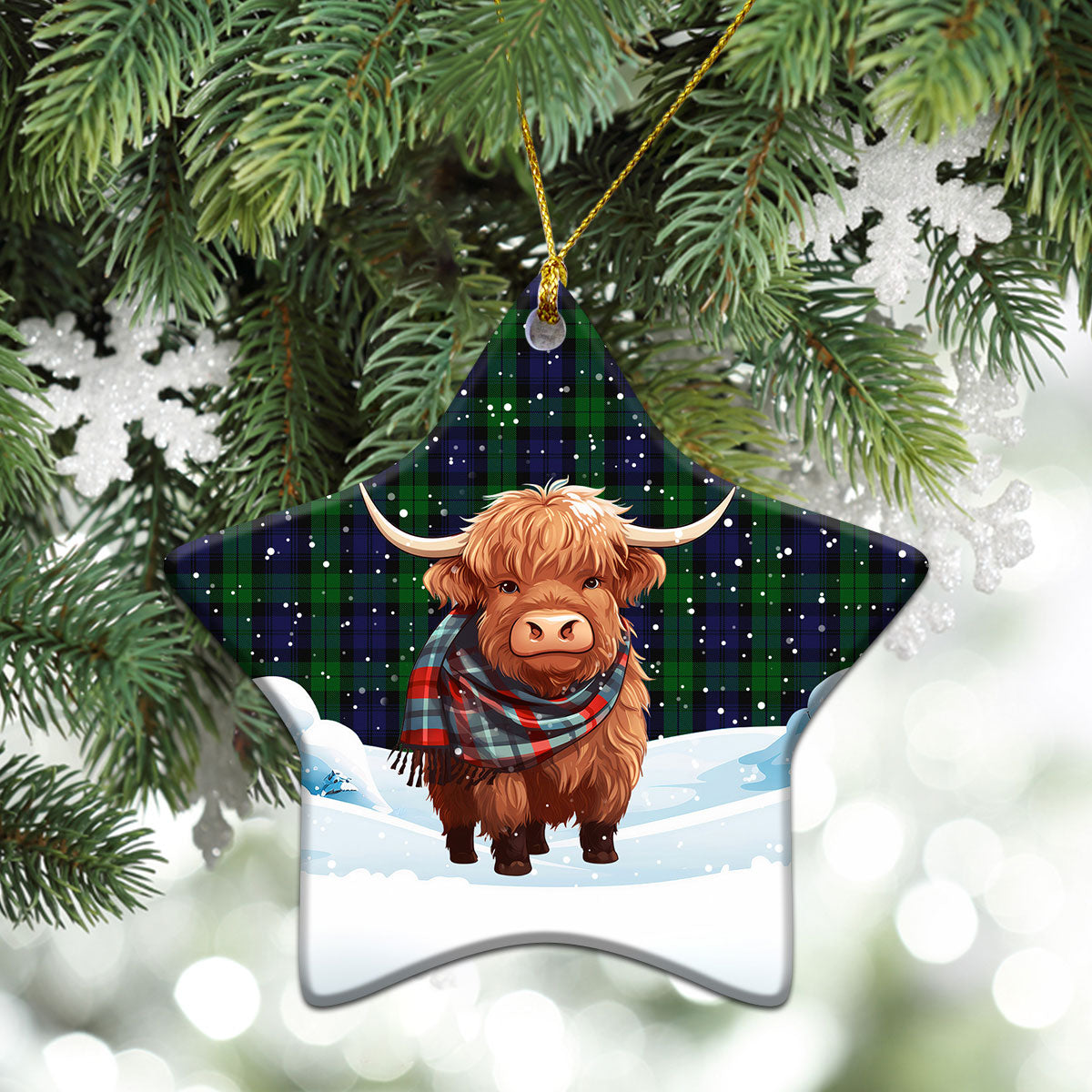 Black Watch Tartan Christmas Ceramic Ornament - Highland Cows Snow Style