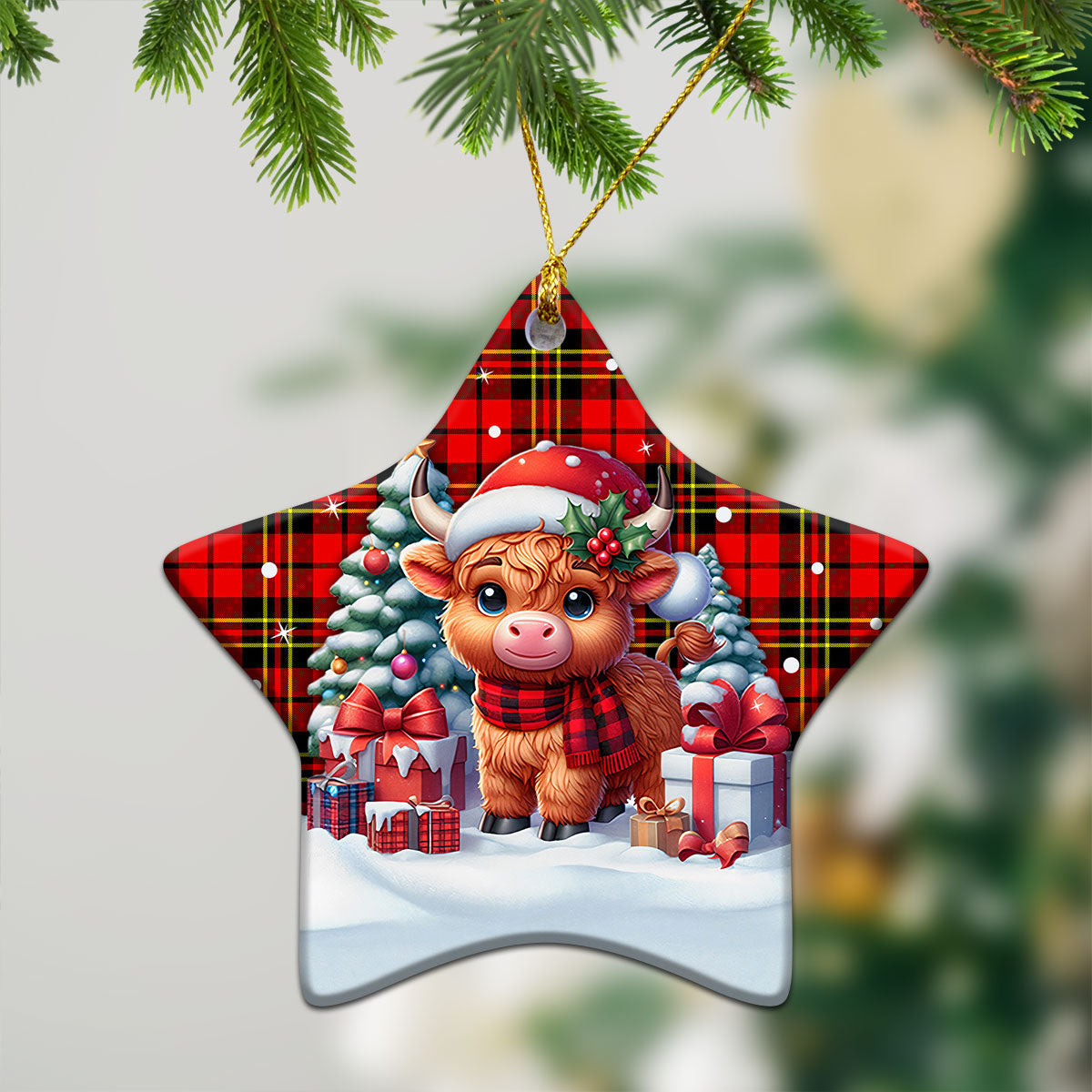 Brodie Modern Tartan Christmas Ceramic Ornament - Highland Cow Winter Style