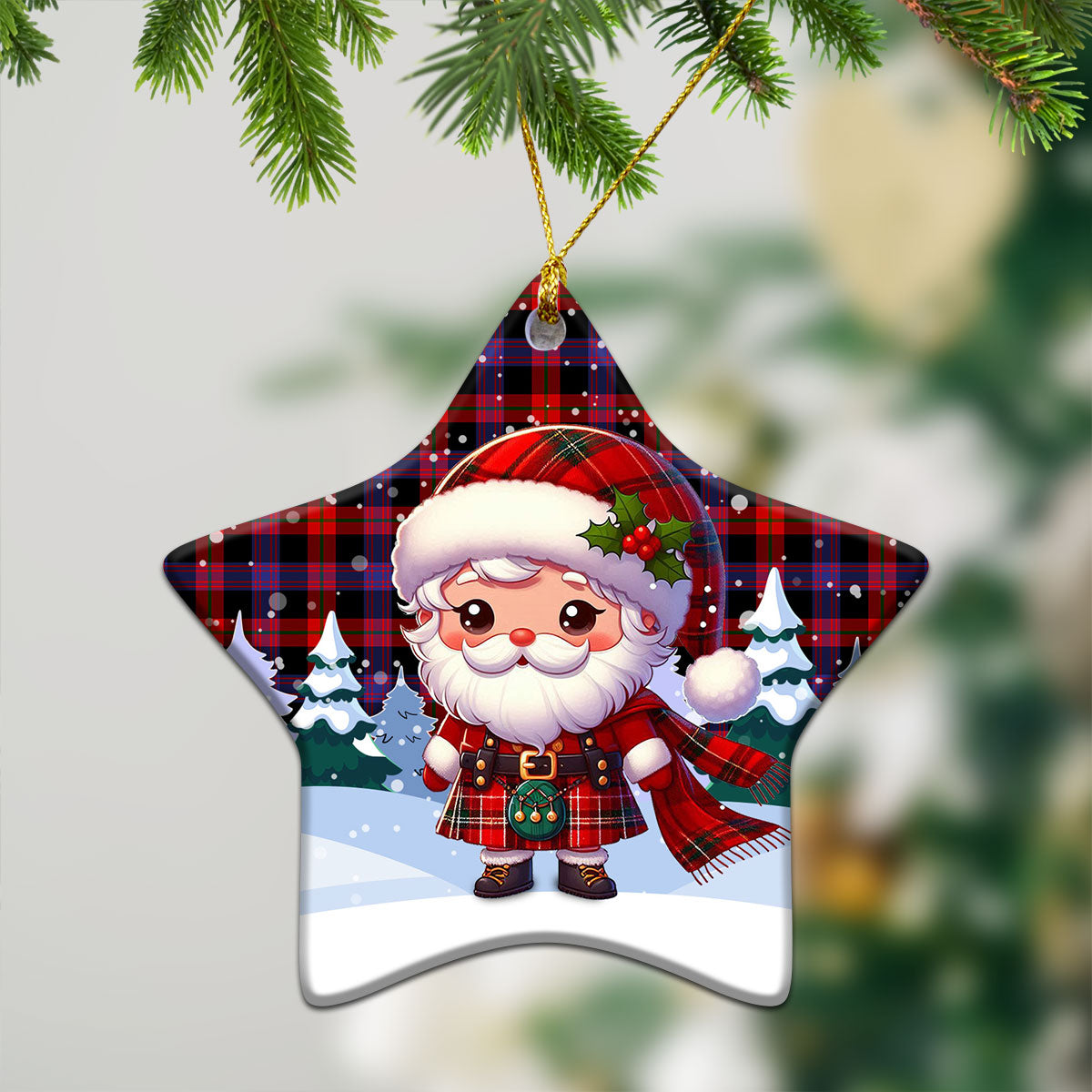 Broun Modern Tartan Christmas Ceramic Ornament - Santa Claus In Kilt Style