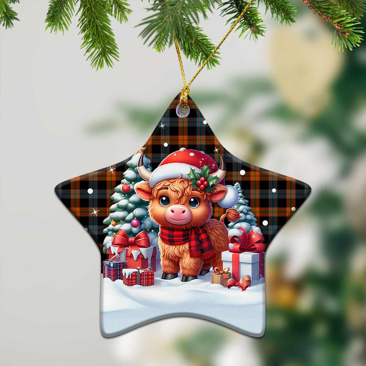 Brown Ancient Tartan Christmas Ceramic Ornament - Highland Cow Winter Style