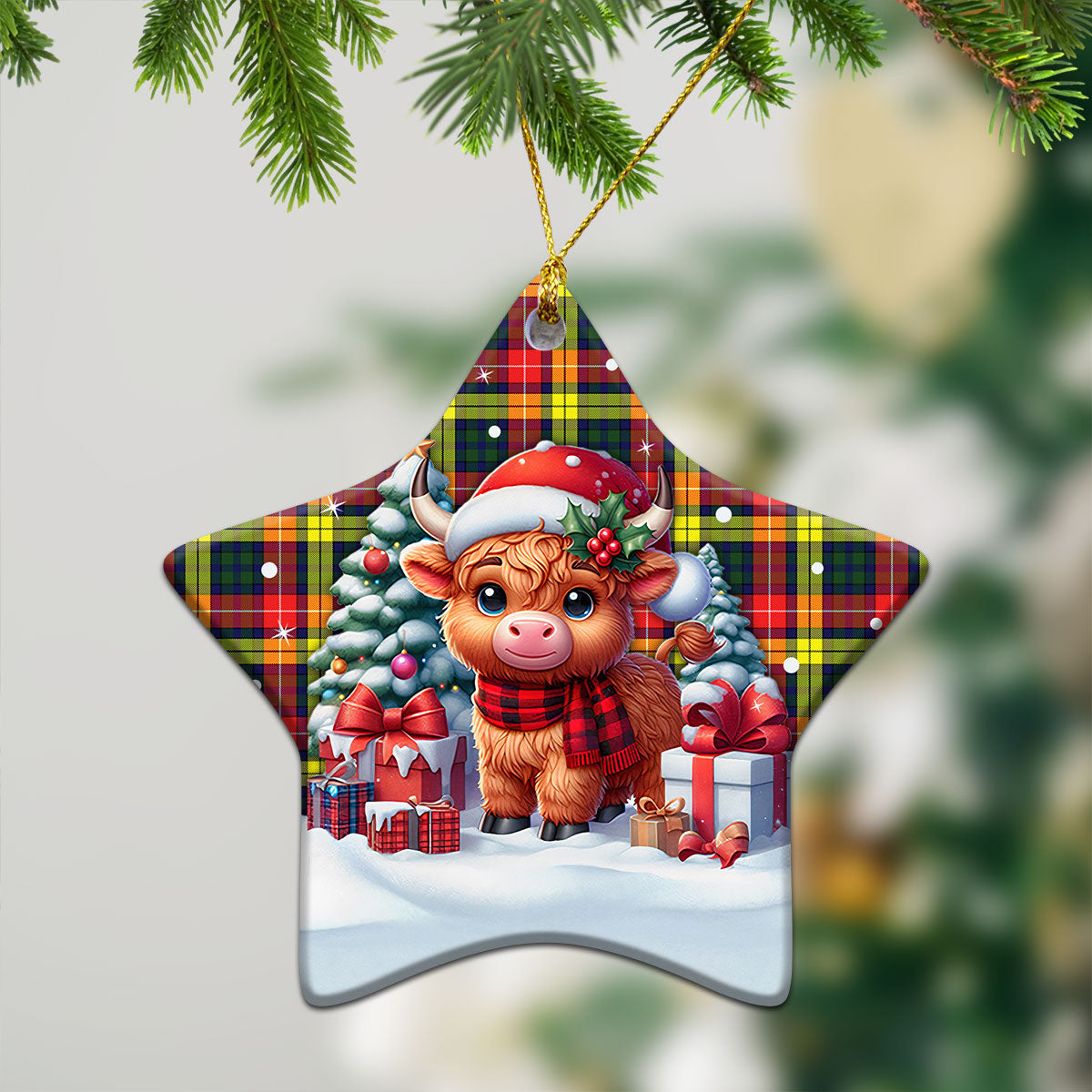 Buchanan Modern Tartan Christmas Ceramic Ornament - Highland Cow Winter Style