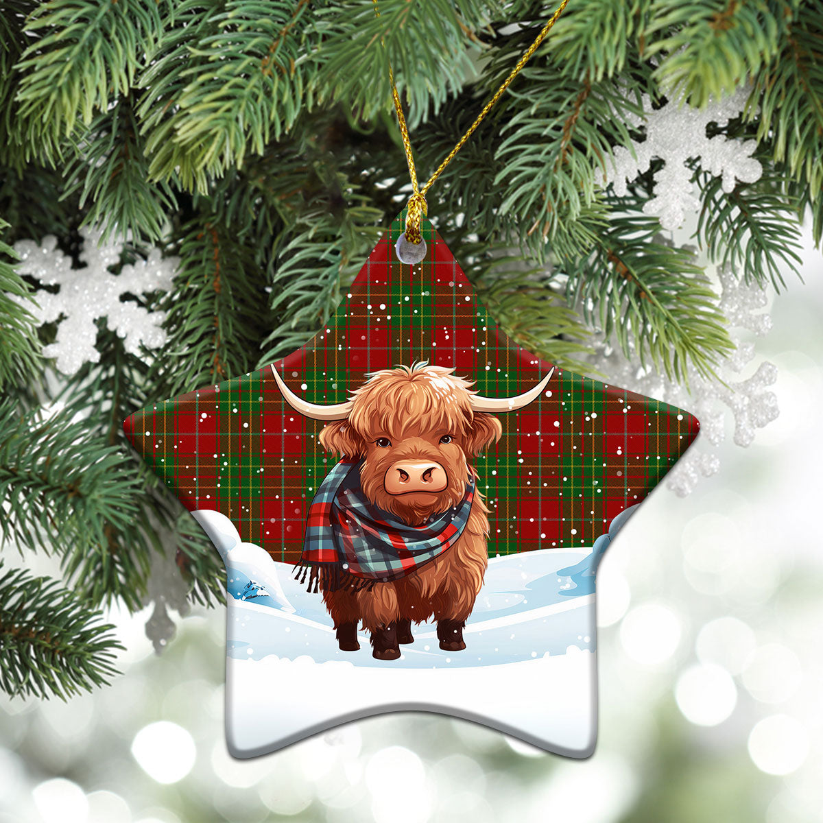 Burnett Tartan Christmas Ceramic Ornament - Highland Cows Snow Style