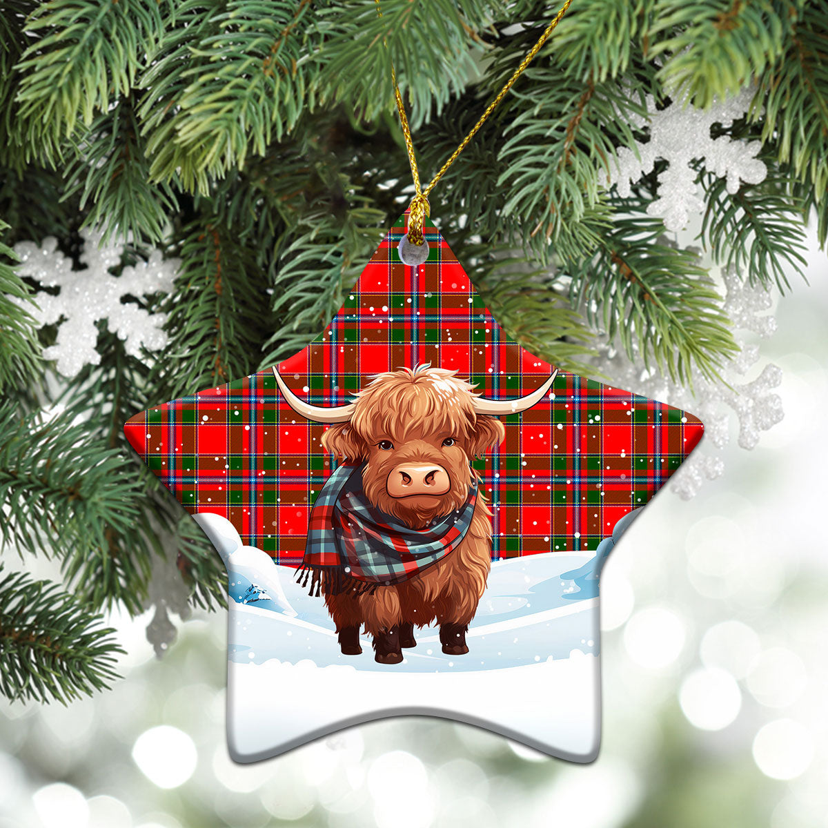 Butter Tartan Christmas Ceramic Ornament - Highland Cows Snow Style