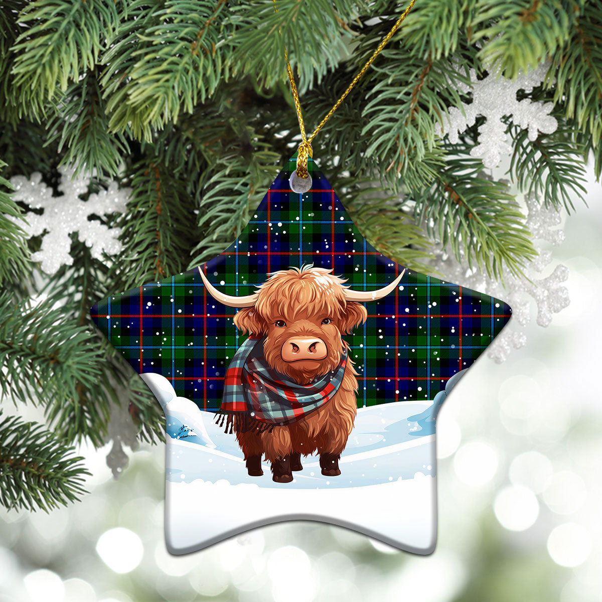 Calder Tartan Christmas Ceramic Ornament - Highland Cows Snow Style