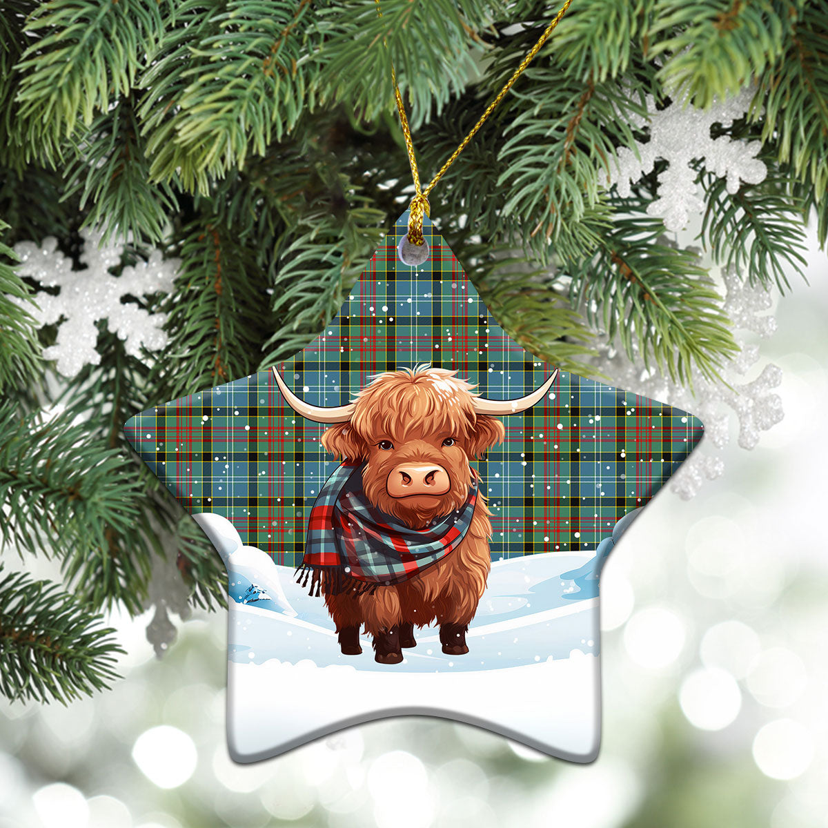 Caldwell Tartan Christmas Ceramic Ornament - Highland Cows Snow Style