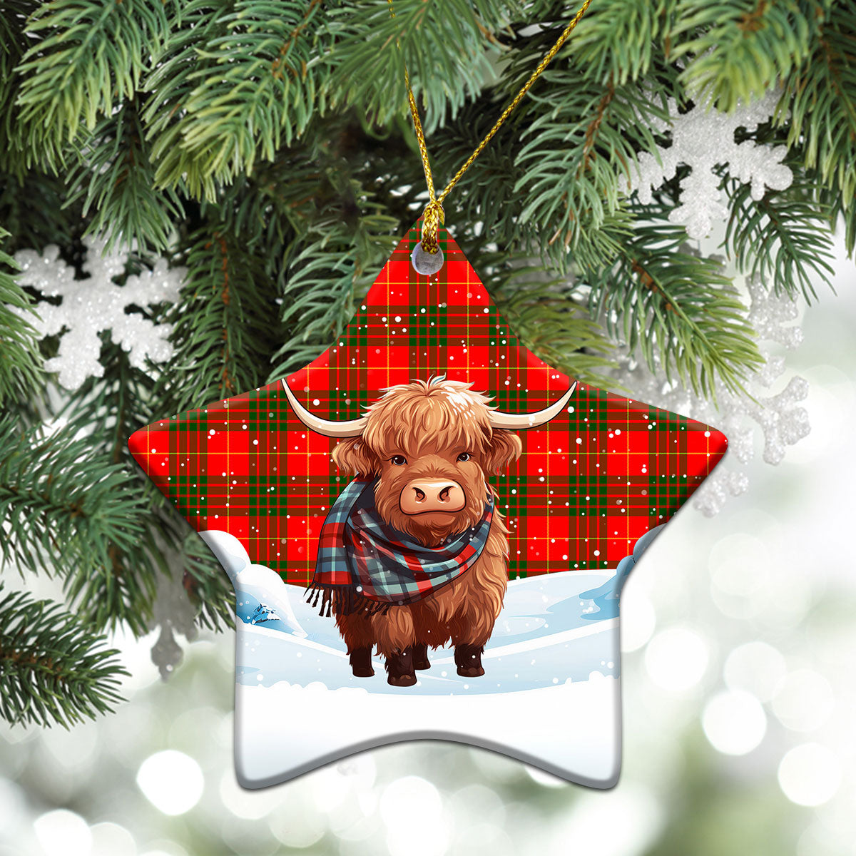 Cameron Modern Tartan Christmas Ceramic Ornament - Highland Cows Snow Style