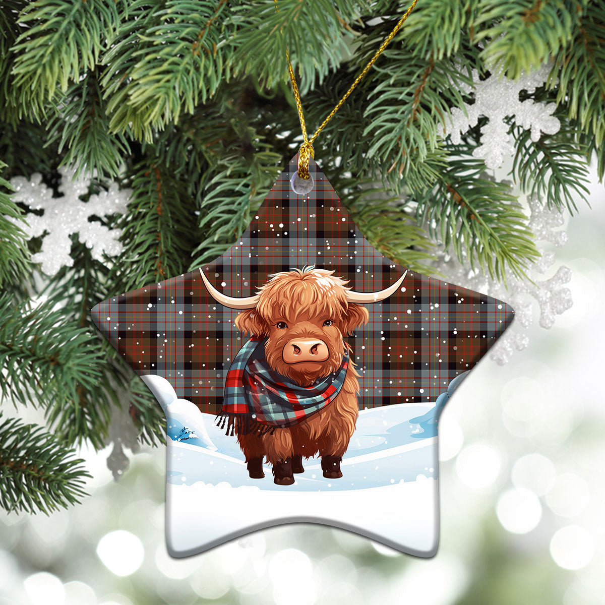 Cameron of Erracht Weathered Tartan Christmas Ceramic Ornament - Highland Cows Snow Style