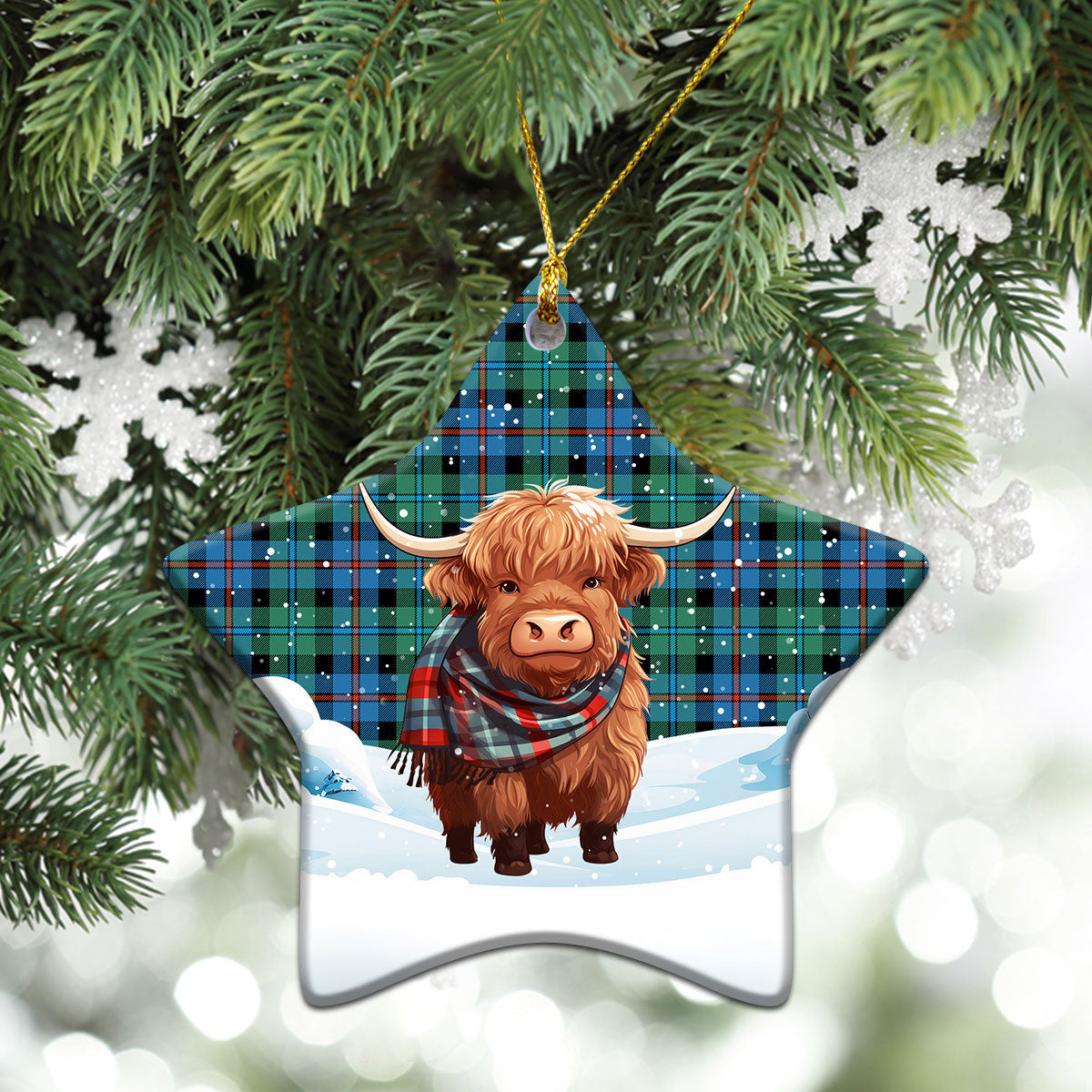 Campbell of Cawdor Ancient Tartan Christmas Ceramic Ornament - Highland Cows Snow Style