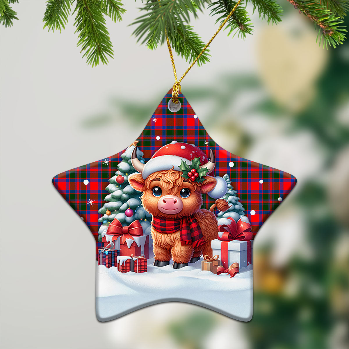 Carrick District Tartan Christmas Ceramic Ornament - Highland Cow Winter Style