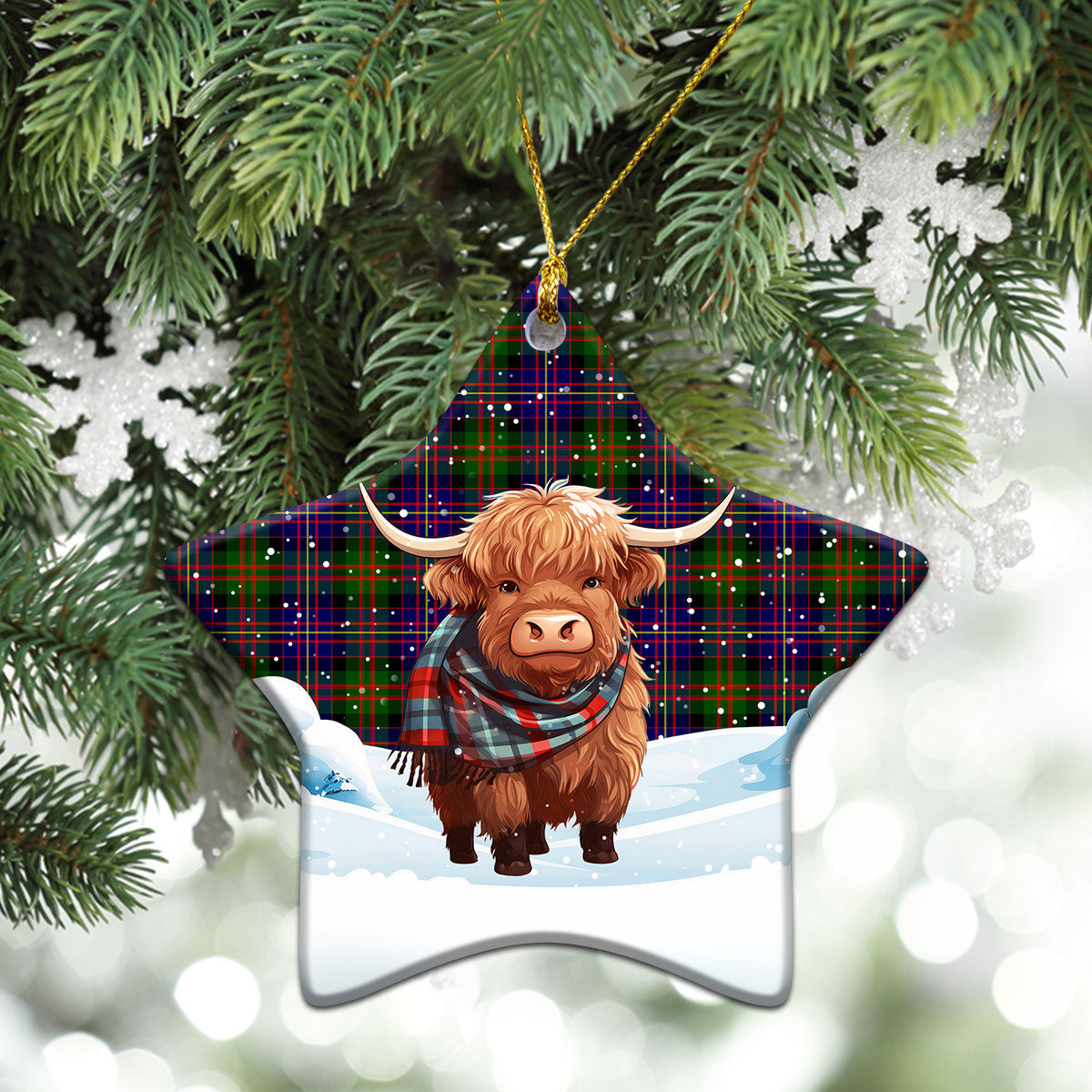 Chalmers Tartan Christmas Ceramic Ornament - Highland Cows Snow Style