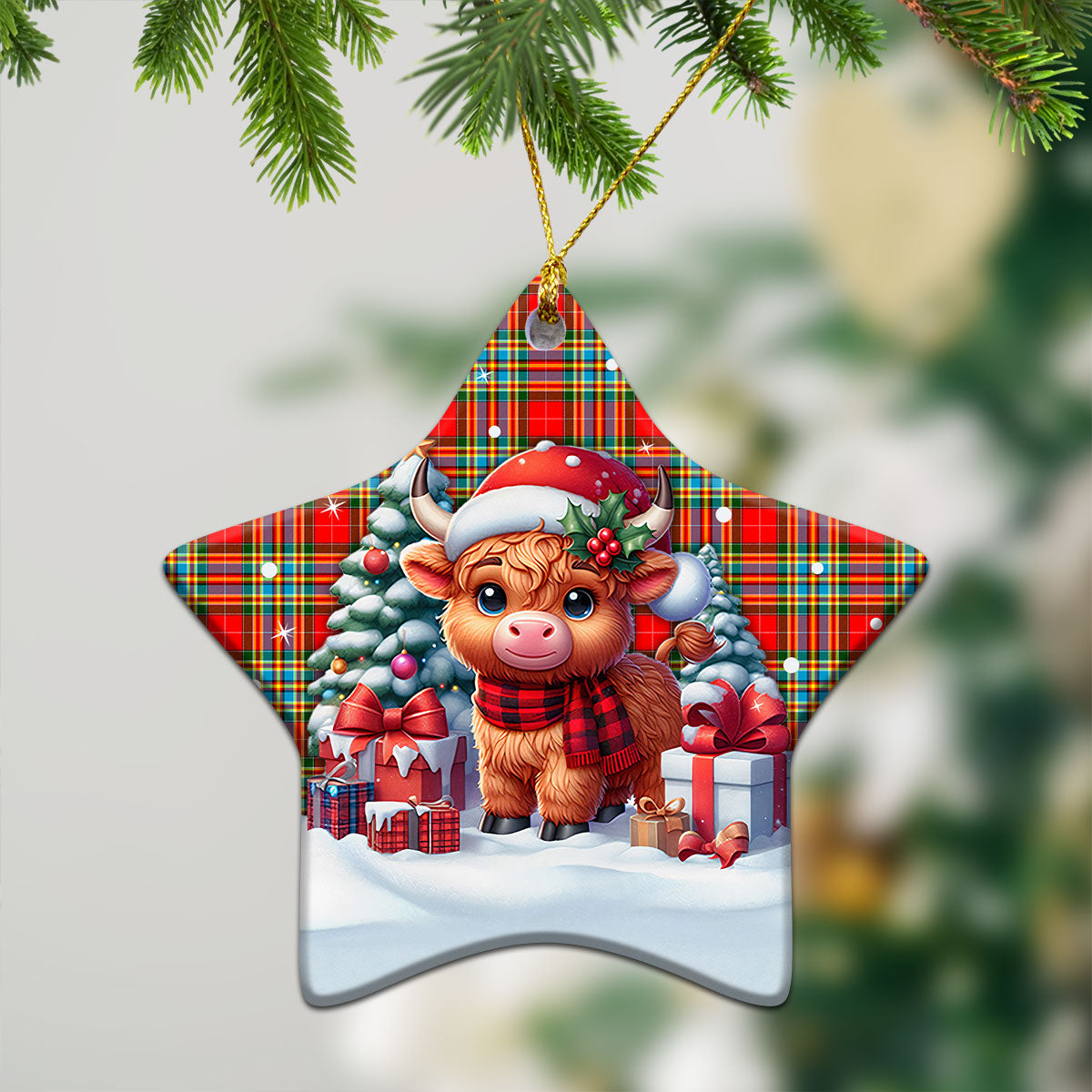 Chattan Tartan Christmas Ceramic Ornament - Highland Cow Winter Style