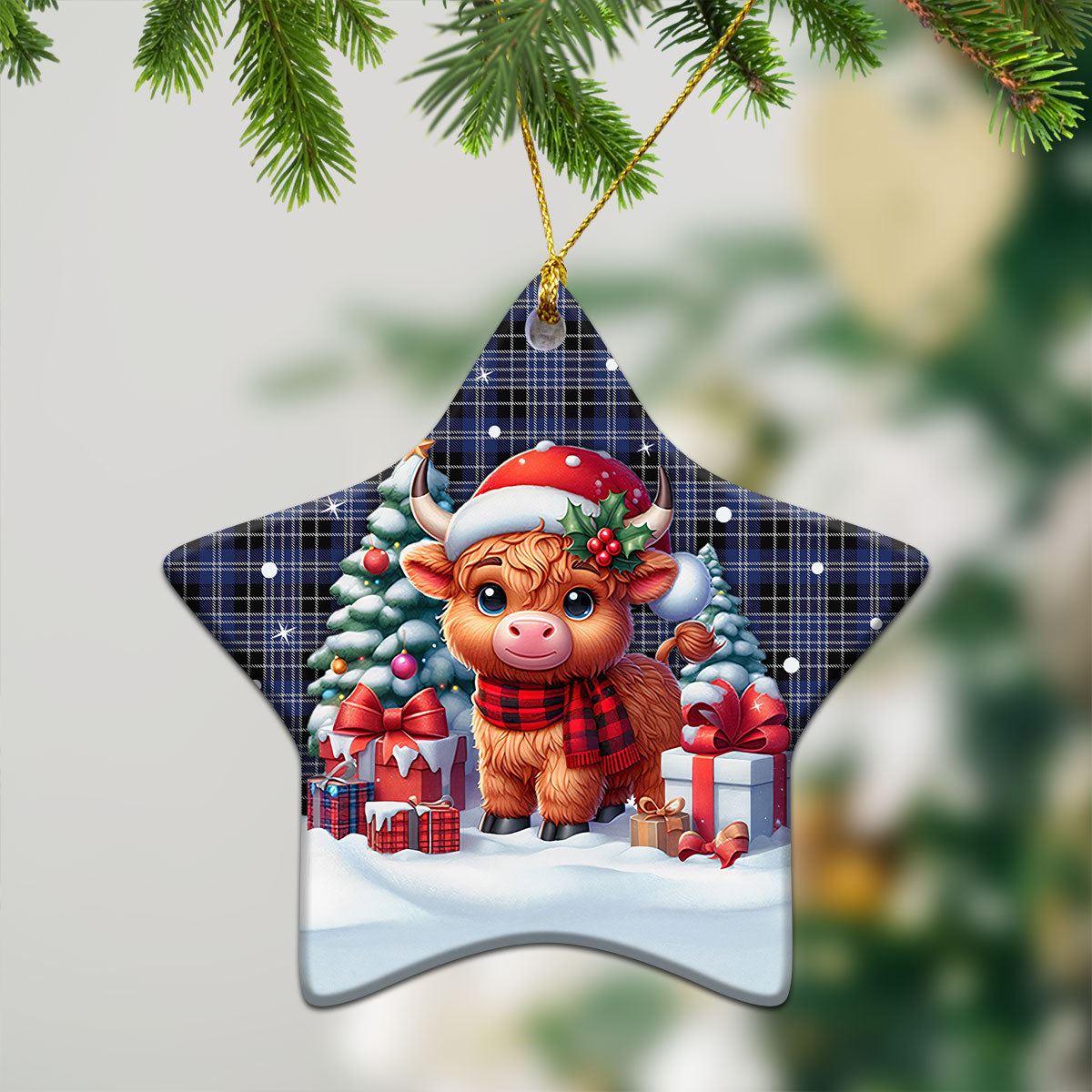 Clark Modern Tartan Christmas Ceramic Ornament - Highland Cow Winter Style