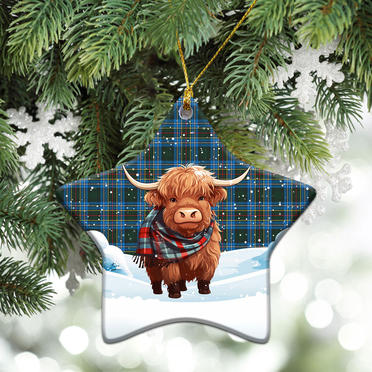 Cockburn Modern Tartan Christmas Ceramic Ornament - Highland Cows Snow Style