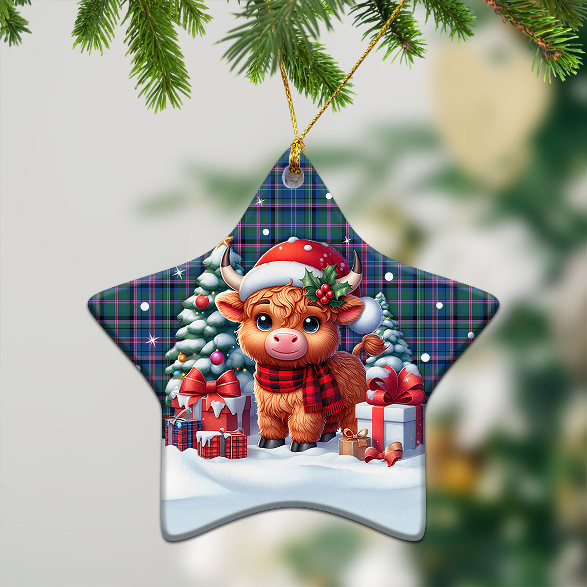 Cooper Ancient Tartan Christmas Ceramic Ornament - Highland Cow Winter Style