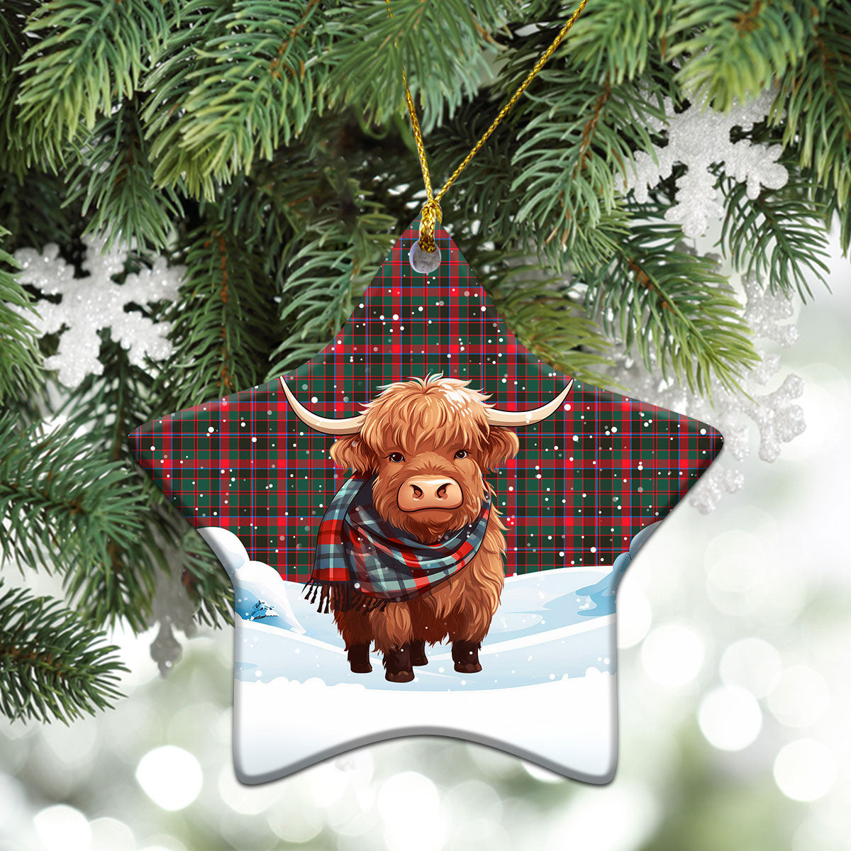 Cumming Hunting Modern Tartan Christmas Ceramic Ornament - Highland Cows Snow Style